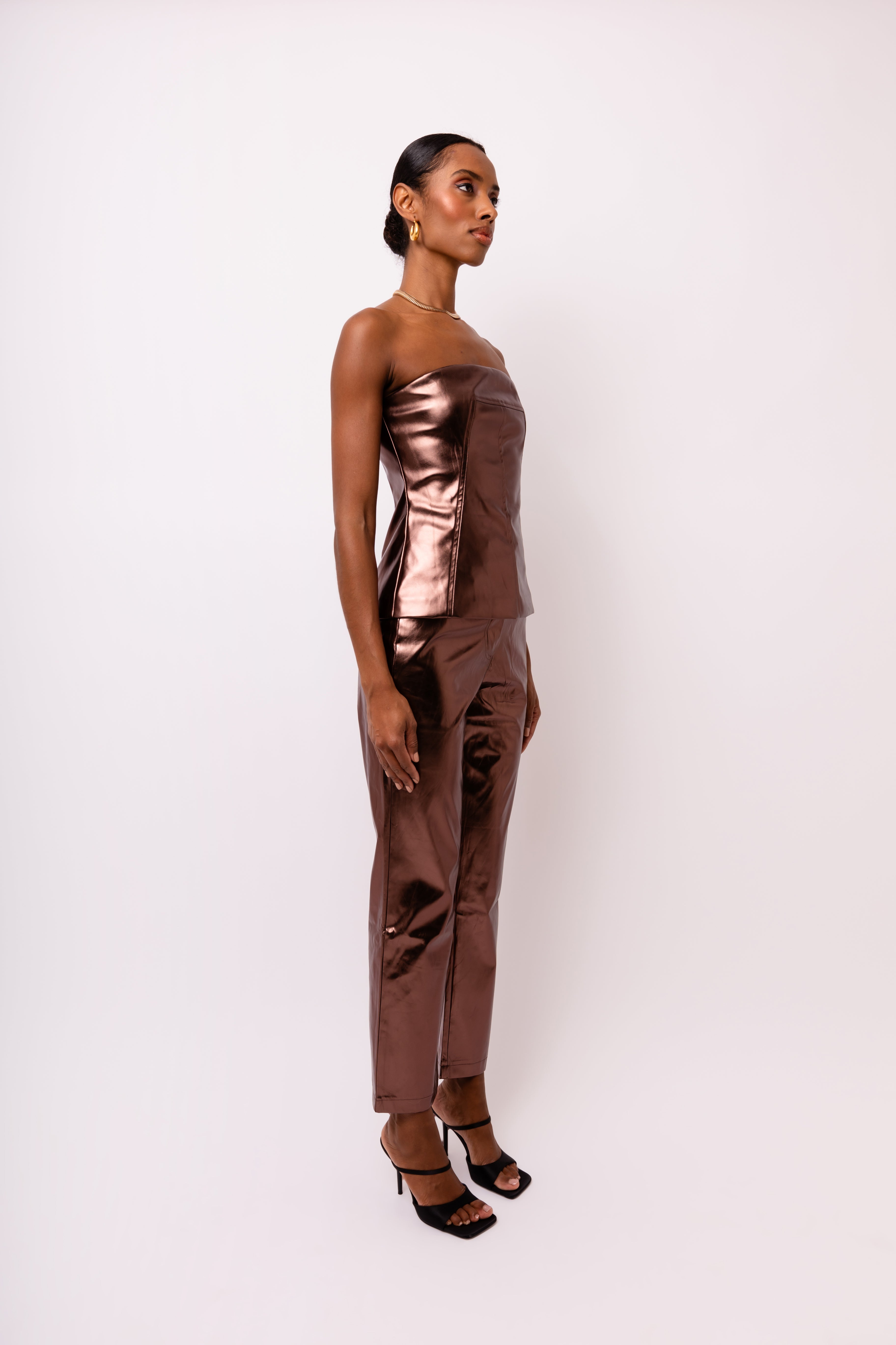 Johanna Mocha Metallic Vegan Leather Bandeau Corset Top | AmyLynn