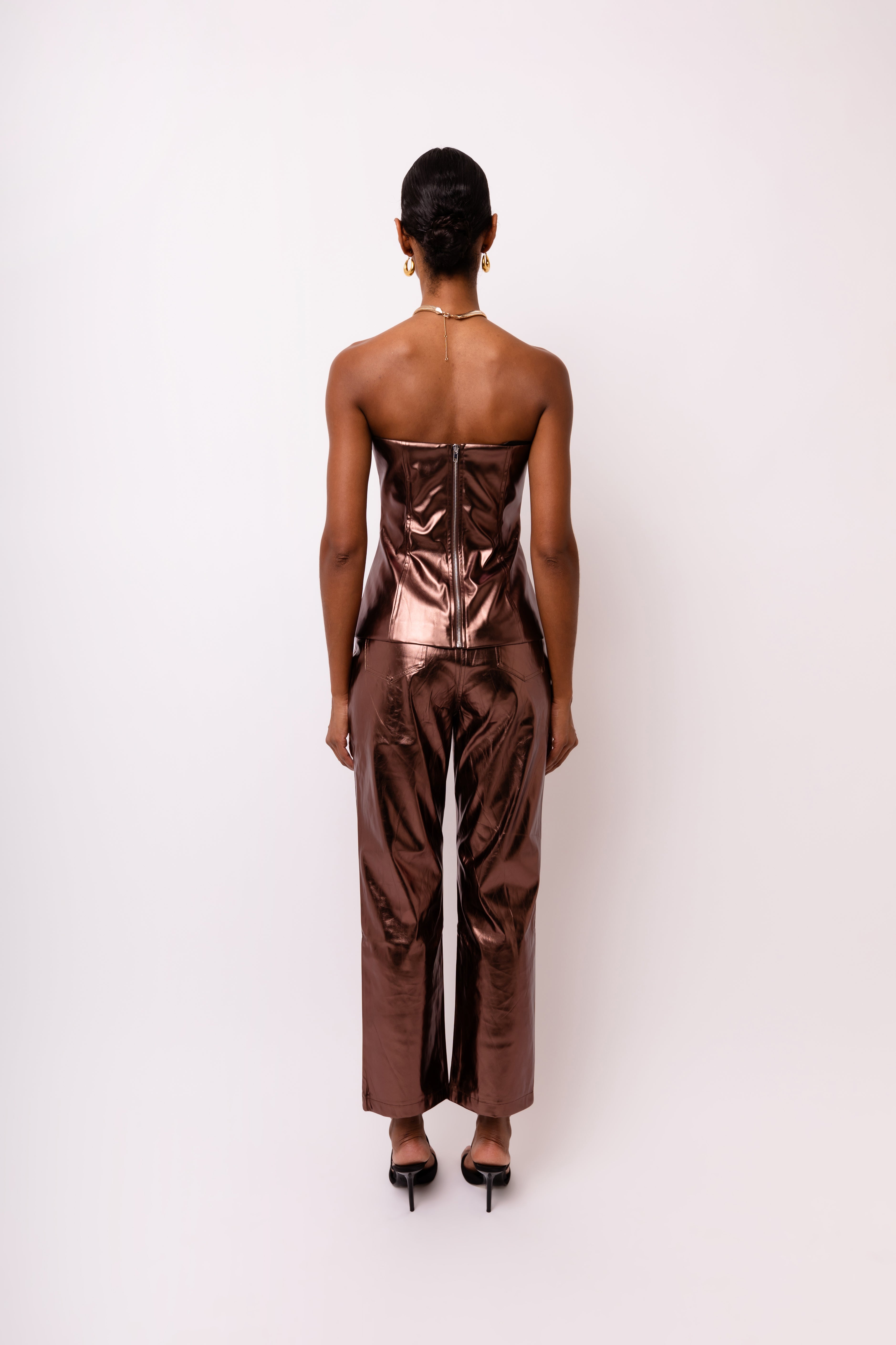 Johanna Mocha Metallic Vegan Leather Bandeau Corset Top | AmyLynn