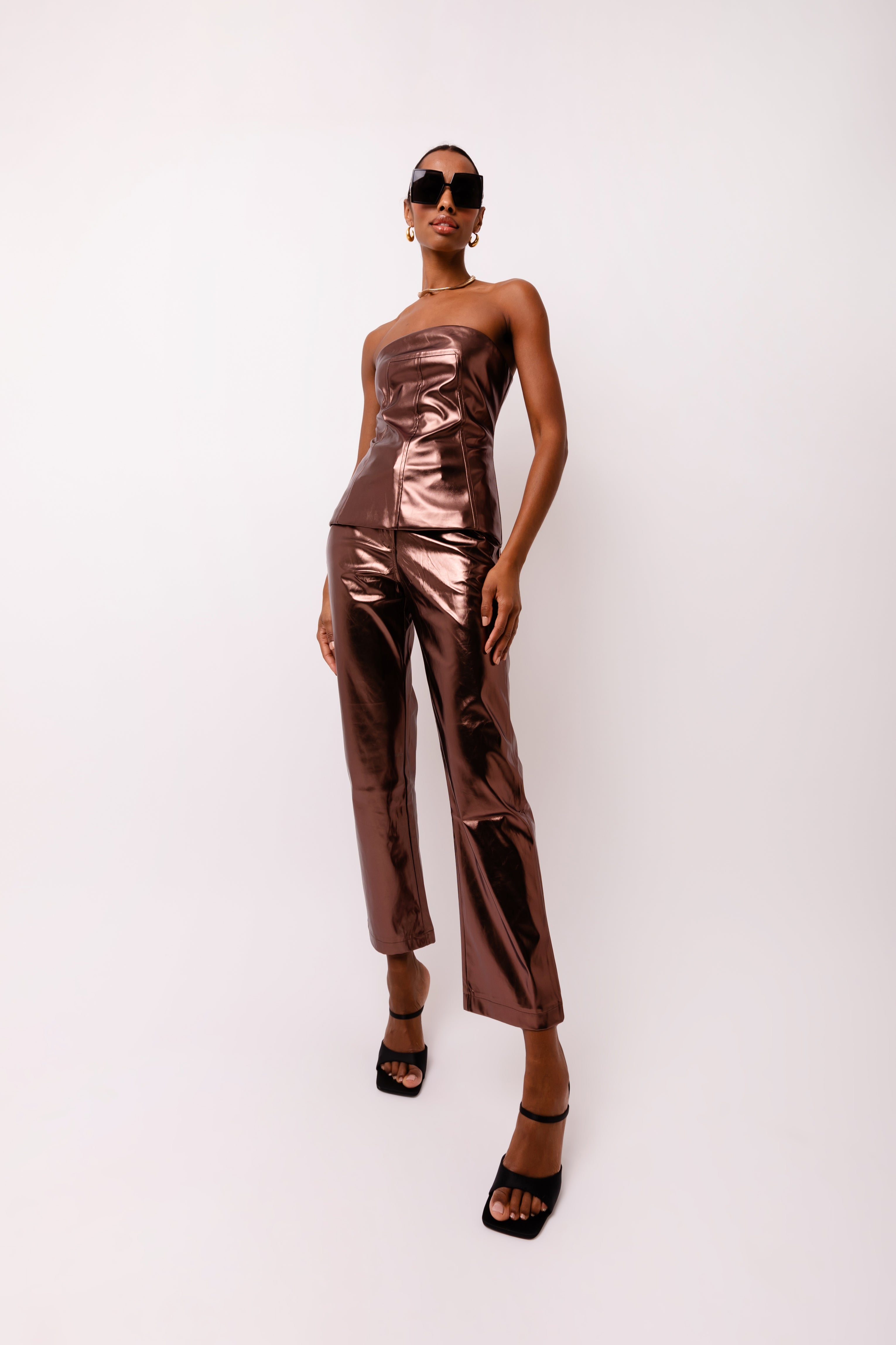 Johanna Mocha Metallic Vegan Leather Bandeau Corset Top | AmyLynn