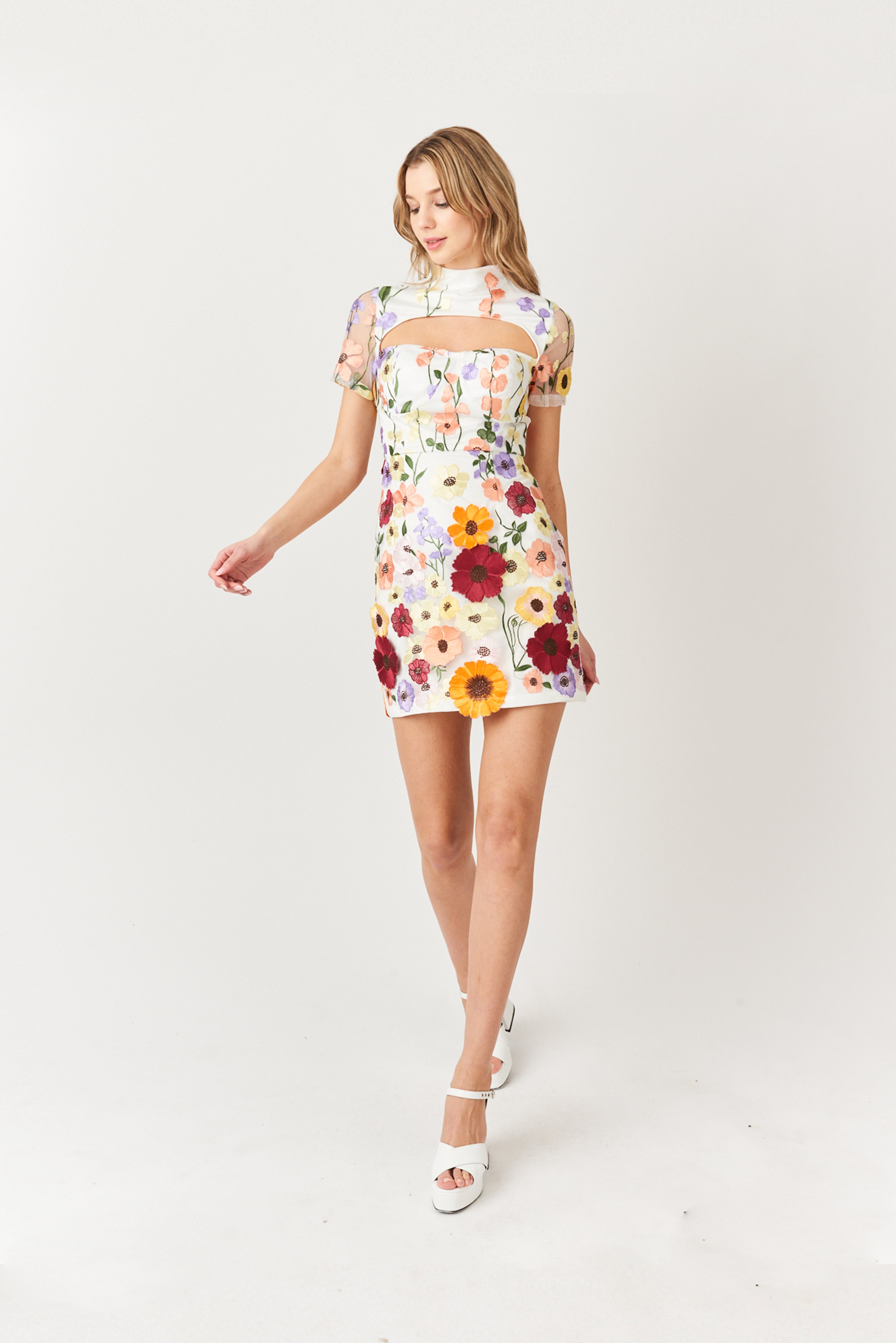 Doris Multi Floral Motif Mini Dress with Cut-Out Detail | AMYLYNN