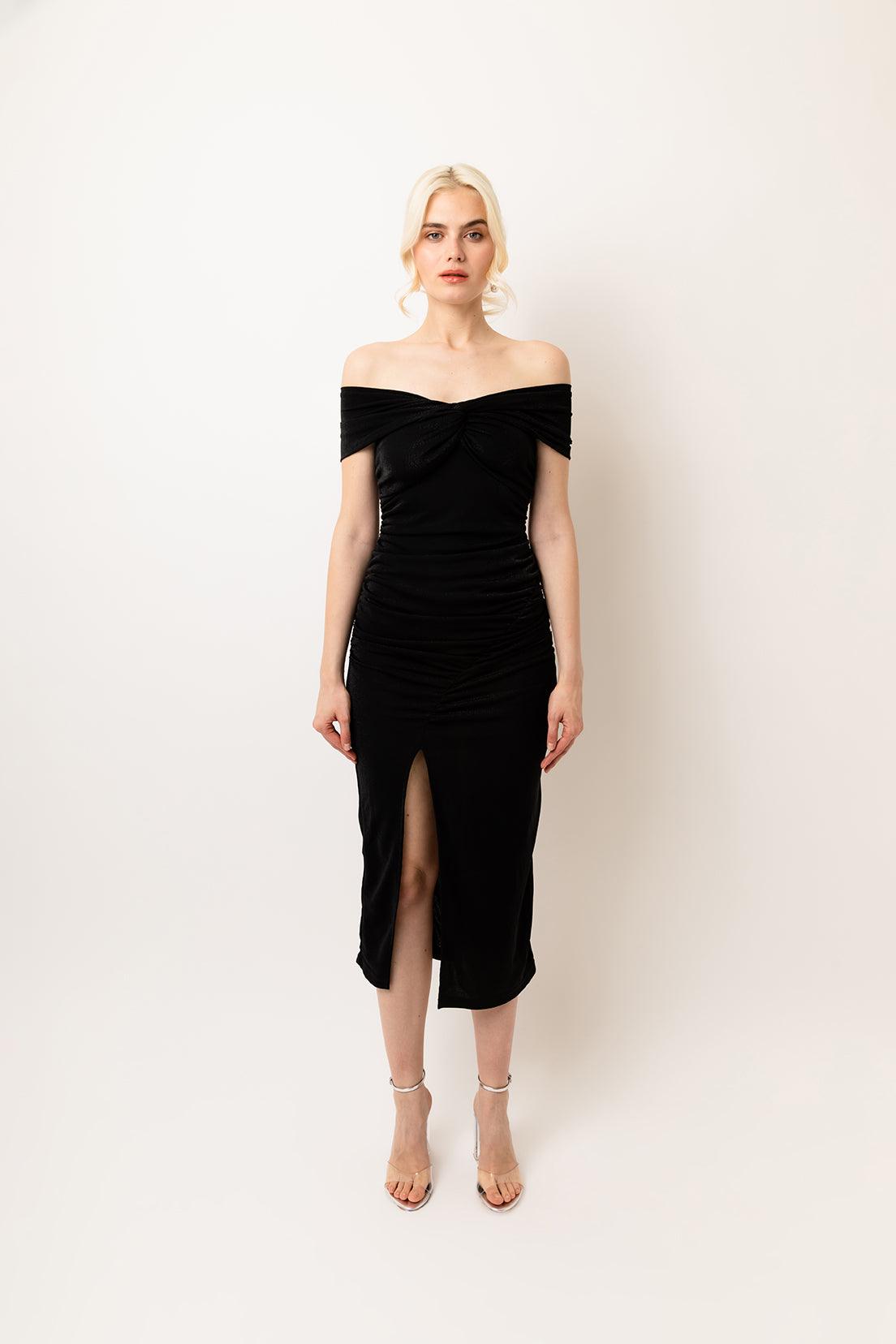 Audrey Black Bardot Midi Dress | AmyLynn