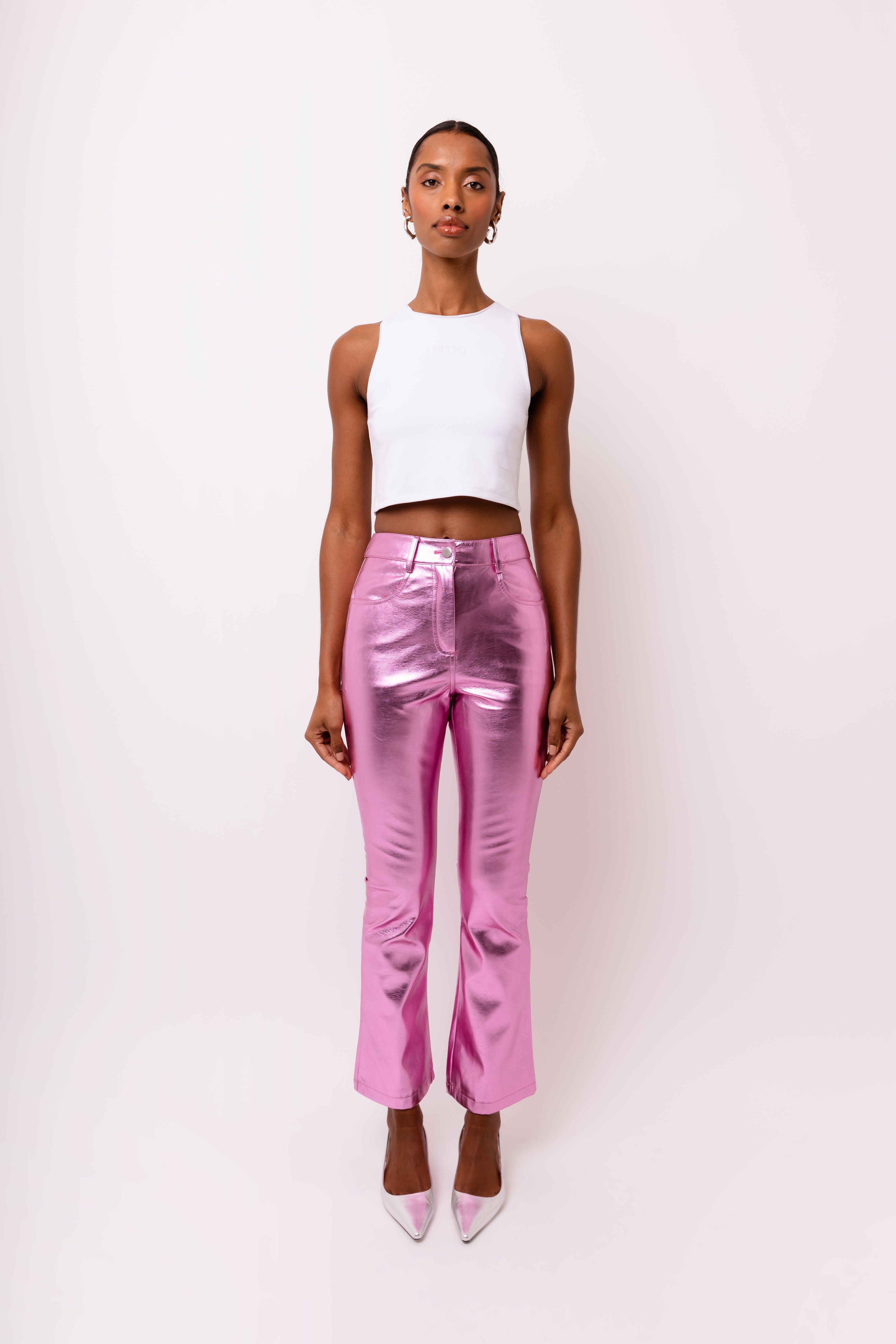 Lupe Pink Slim Fit Leather Metallic Trousers