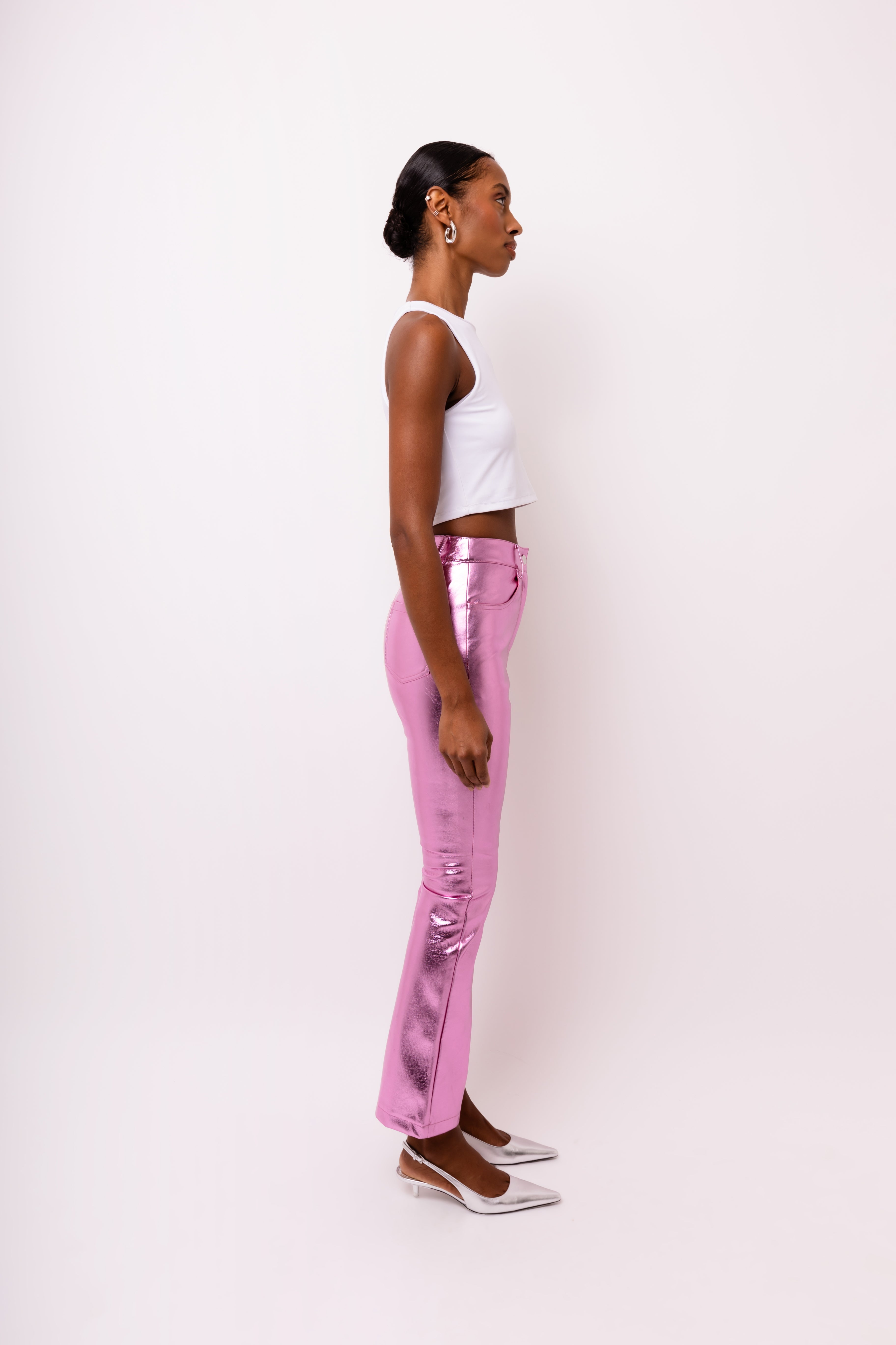 Lupe Pink Slim Fit Leather Metallic Trousers