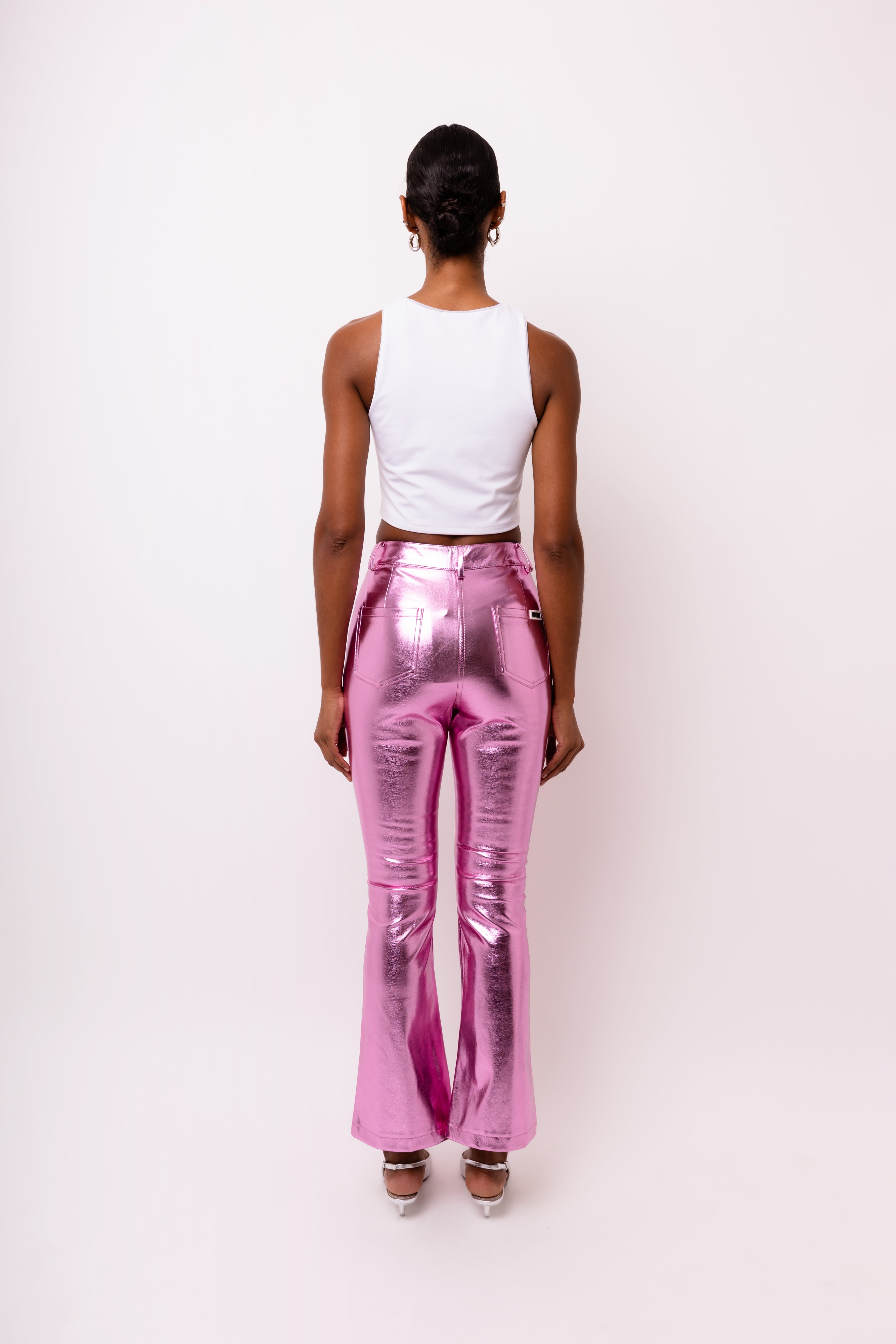 Lupe Pink Slim Fit Leather Metallic Trousers