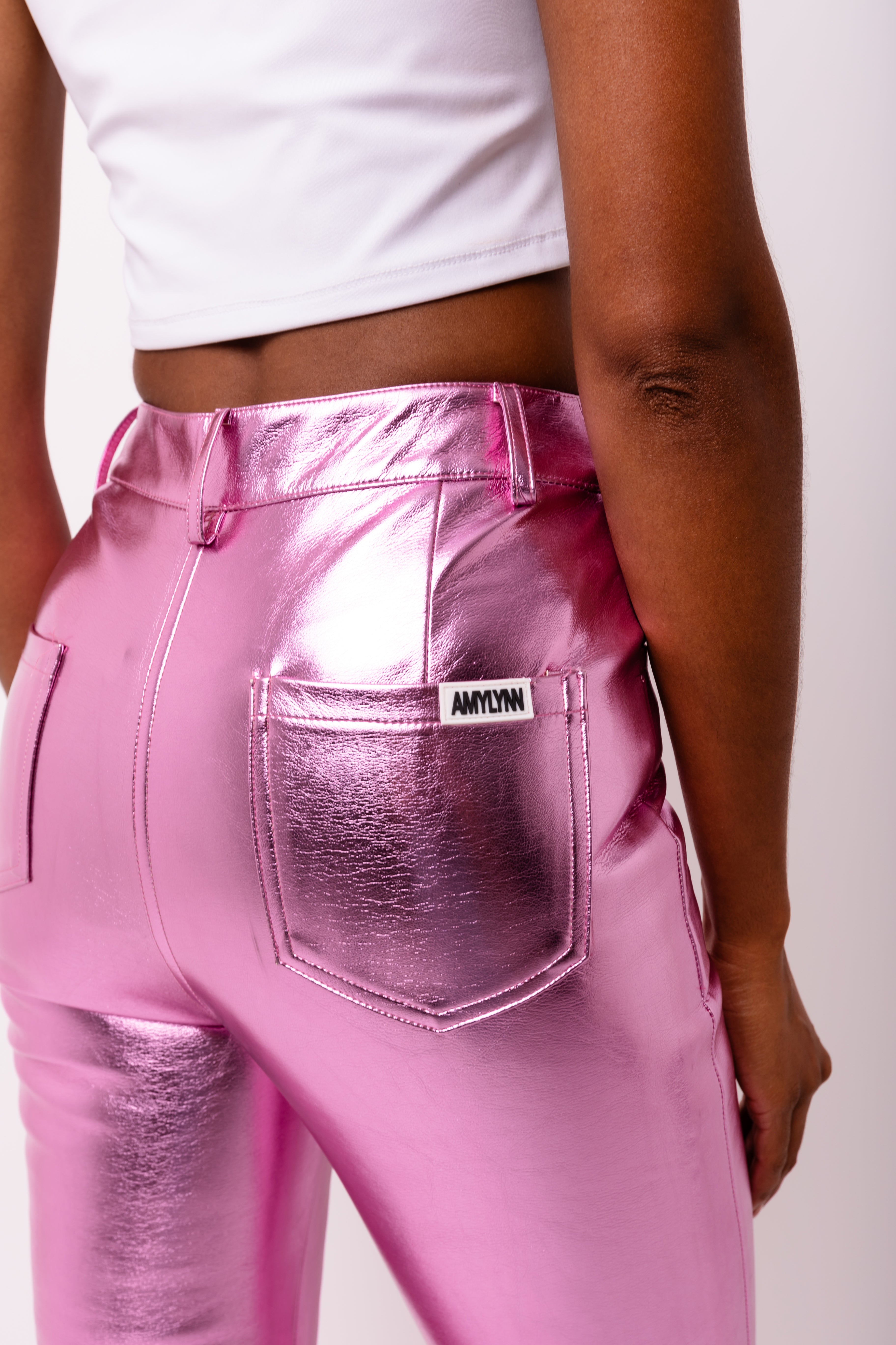 Lupe Pink Slim Fit Leather Metallic Trousers