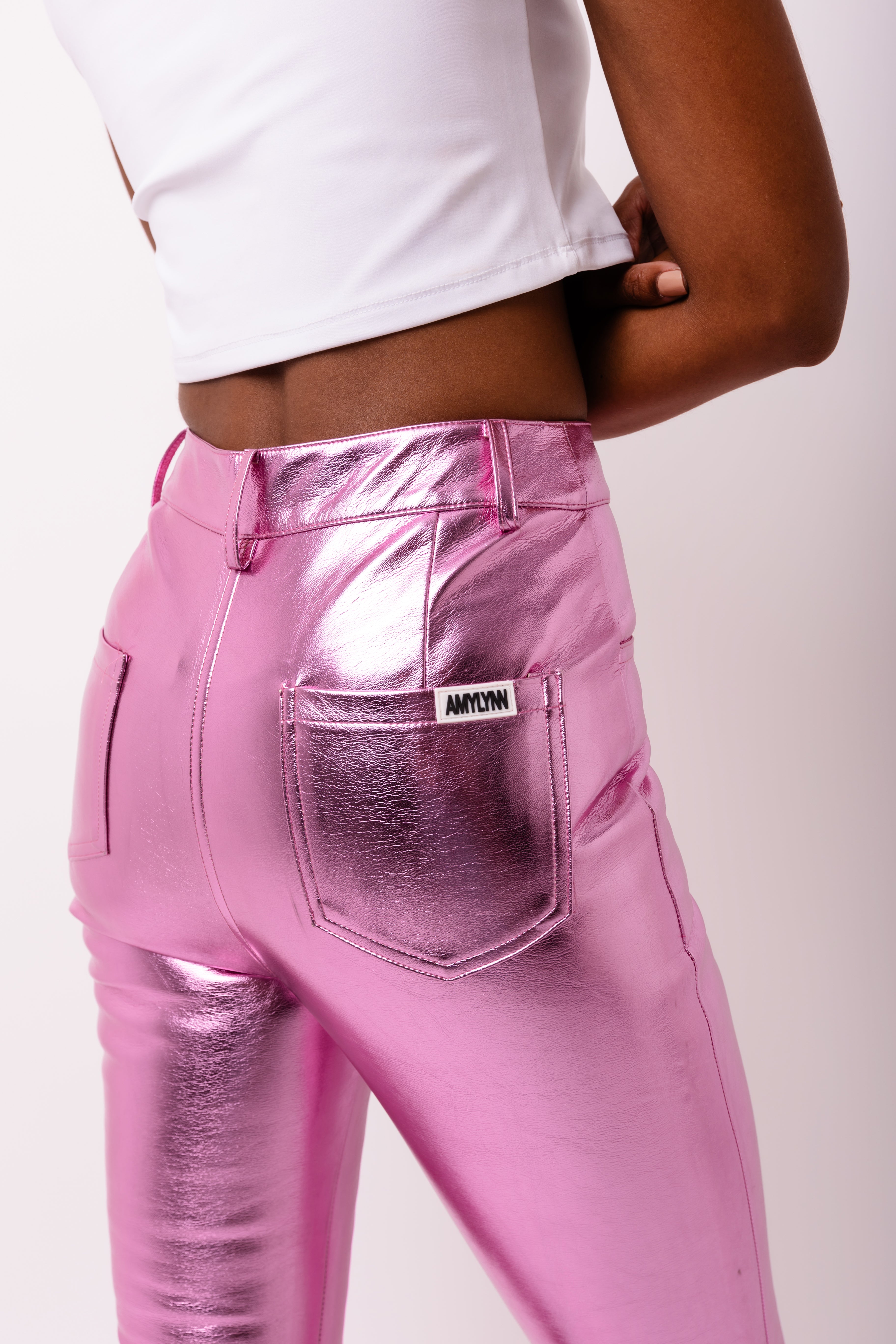 Lupe Pink Slim Fit Leather Metallic Trousers