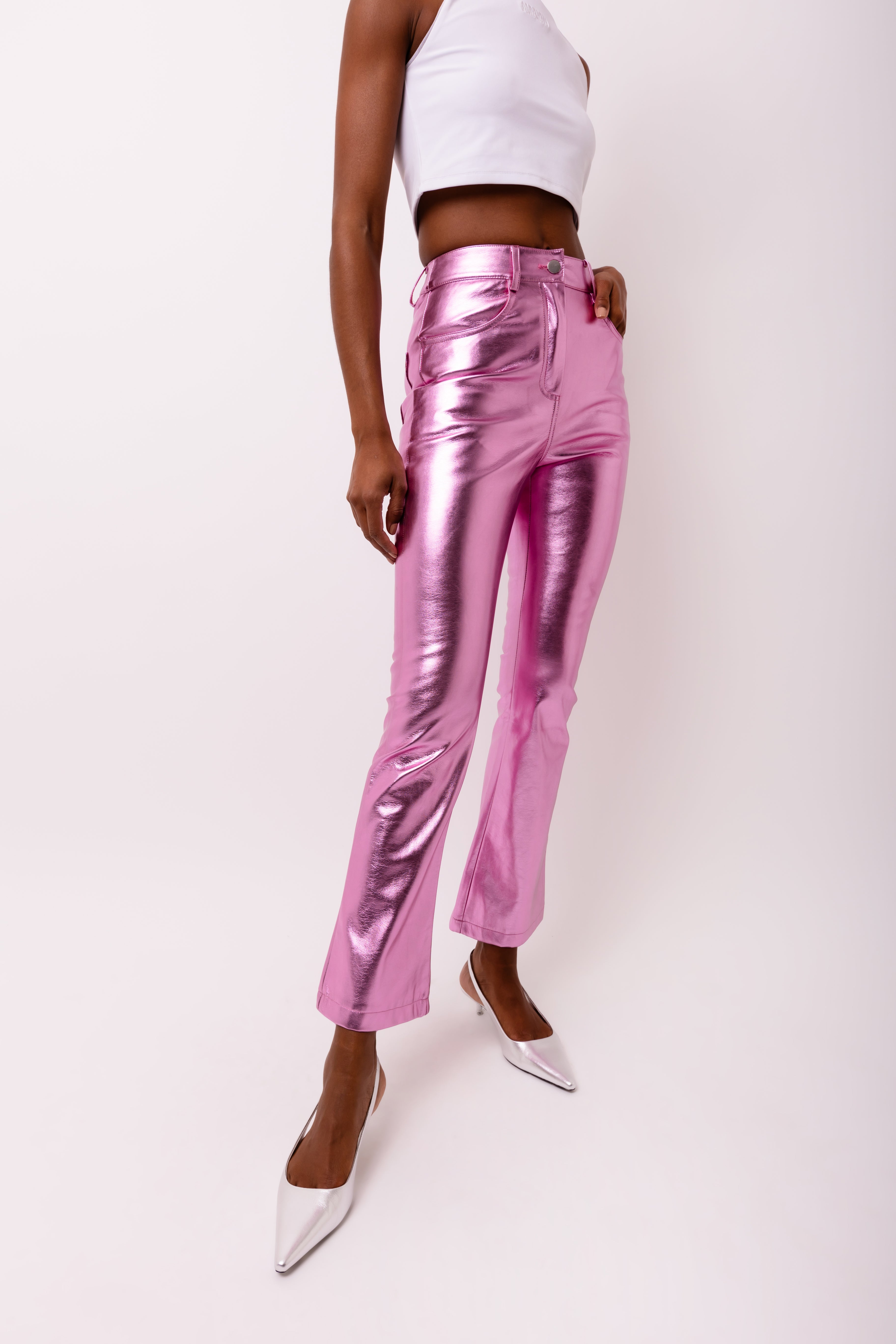 Lupe Pink Slim Fit Leather Metallic Trousers