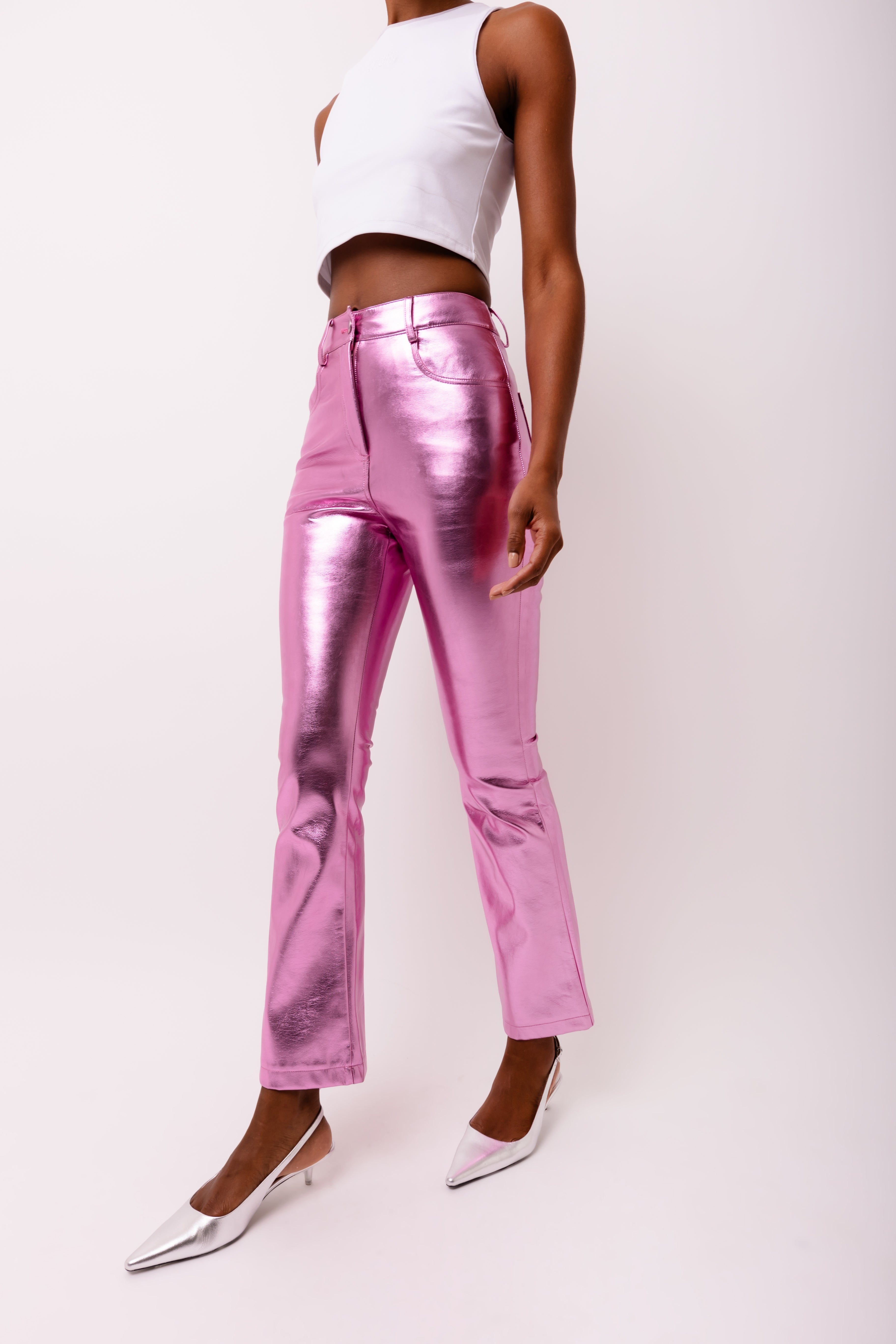 Lupe Pink Slim Fit Leather Metallic Trousers