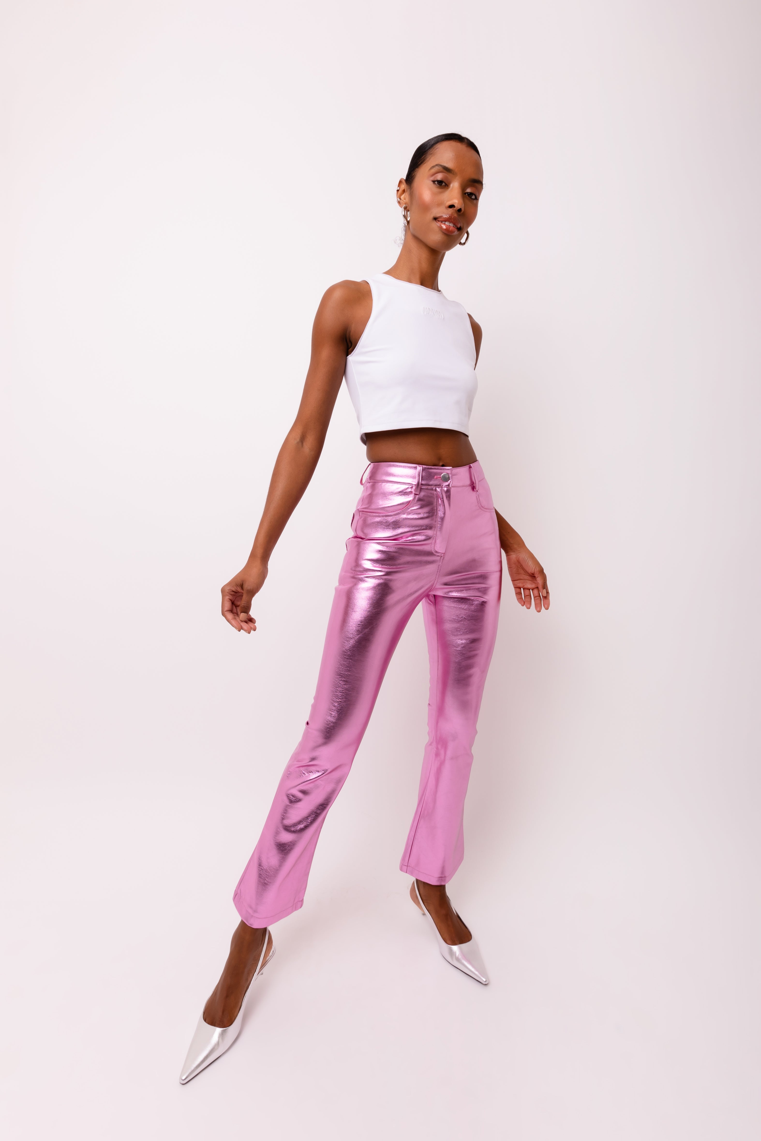 Lupe Pink Slim Fit Leather Metallic Trousers