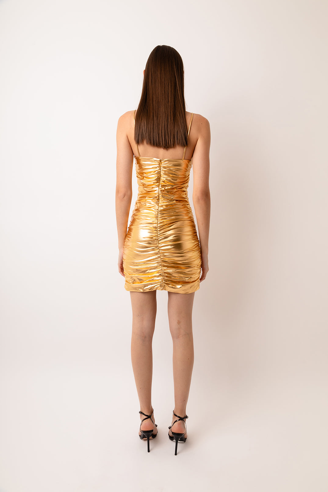 Yaya Gold Metallic Ruched Stretch Mini Dress