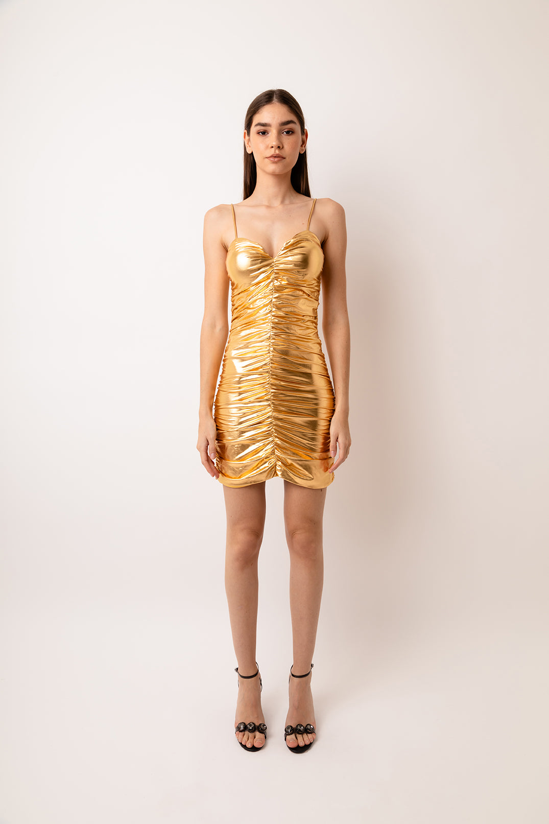 Yaya Gold Metallic Ruched Stretch Mini Dress