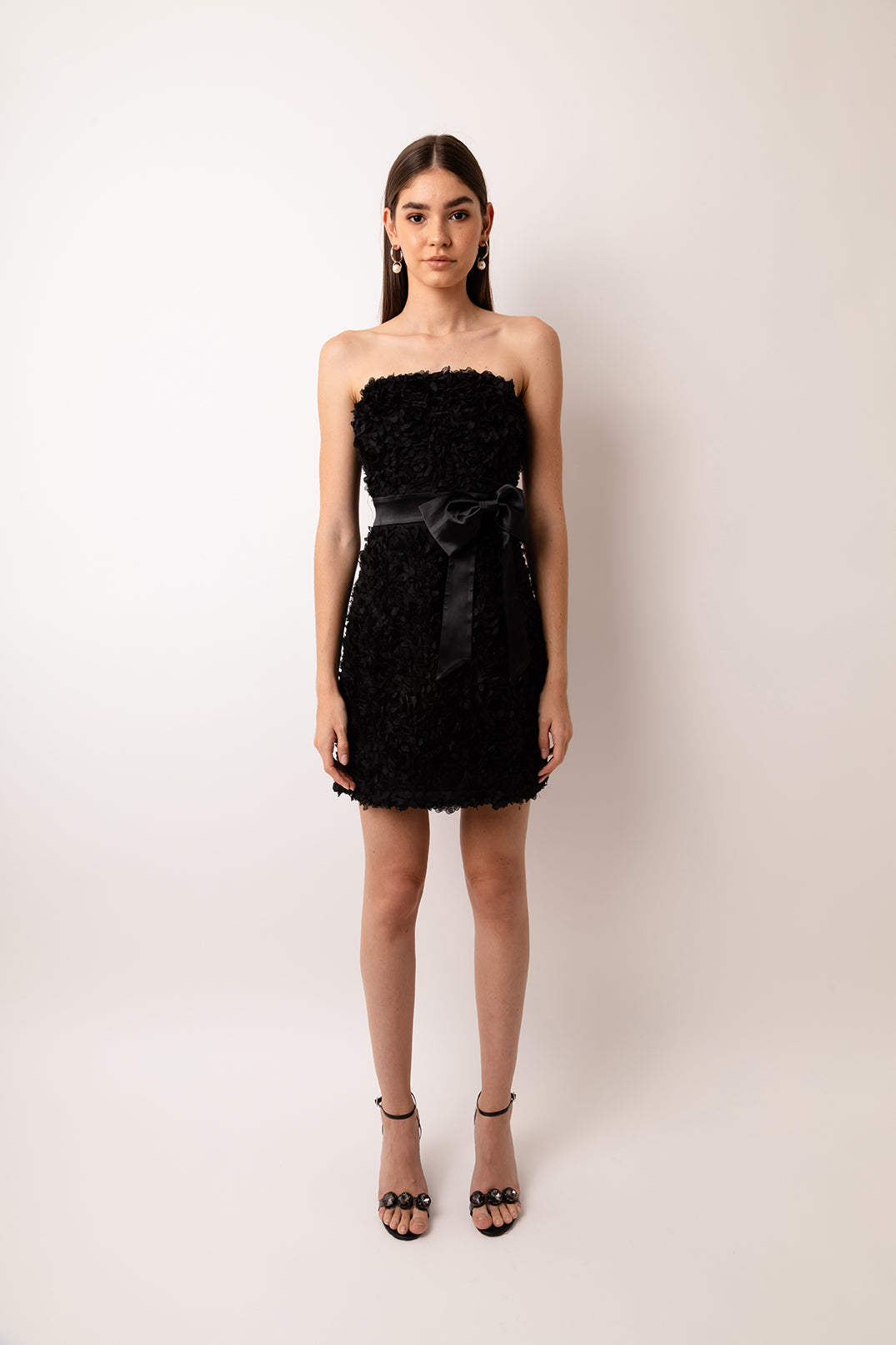 Rosa Black Floral Textured Strapless Mini Dress with Embellished Bow | AMYLYNN