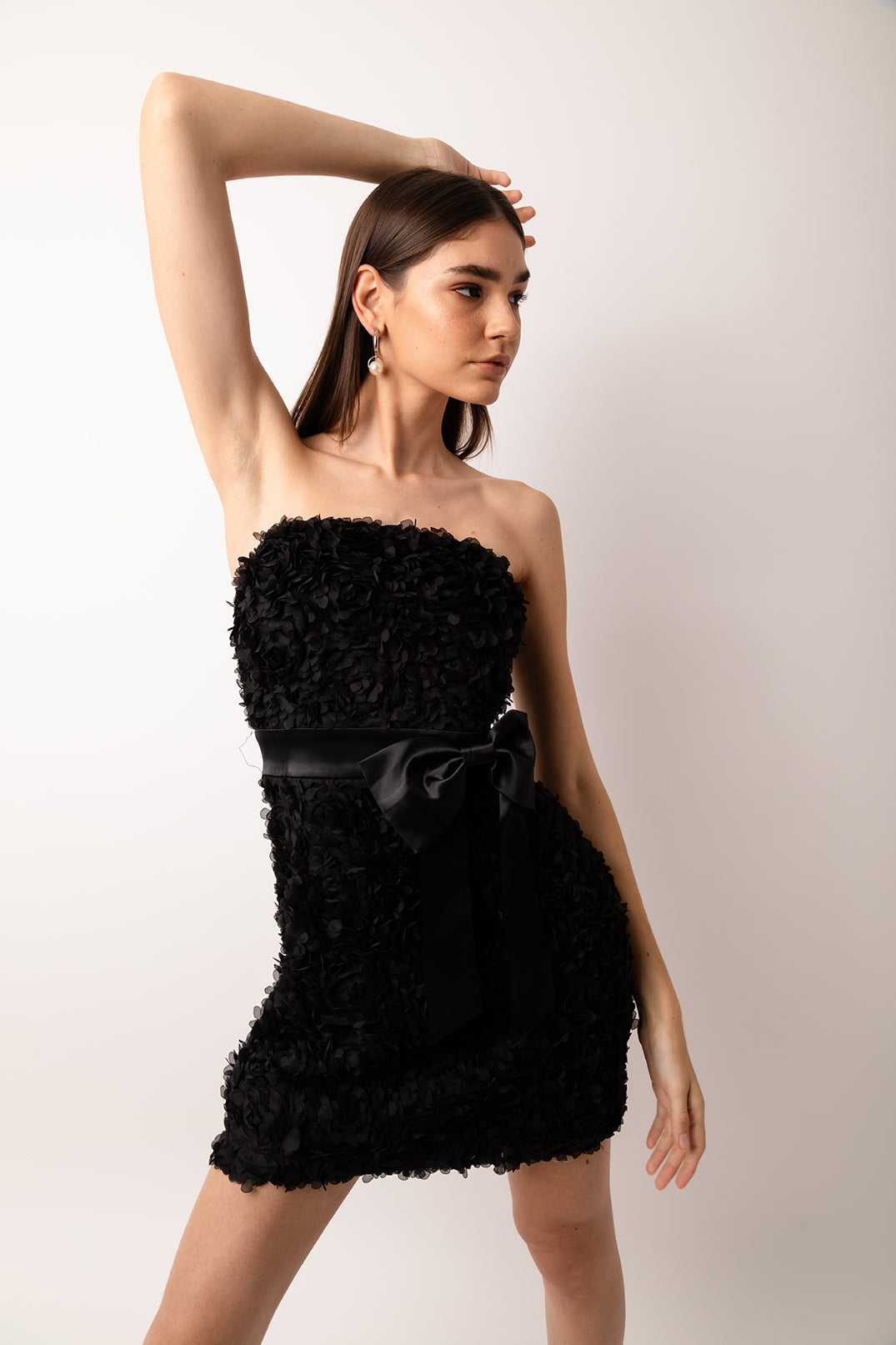 Rosa Black Floral Textured Strapless Mini Dress with Embellished Bow | AMYLYNN