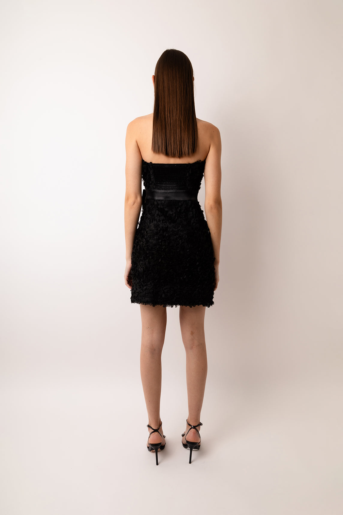 Rosa Black Floral Textured Strapless Mini Dress with Embellished Bow | AMYLYNN