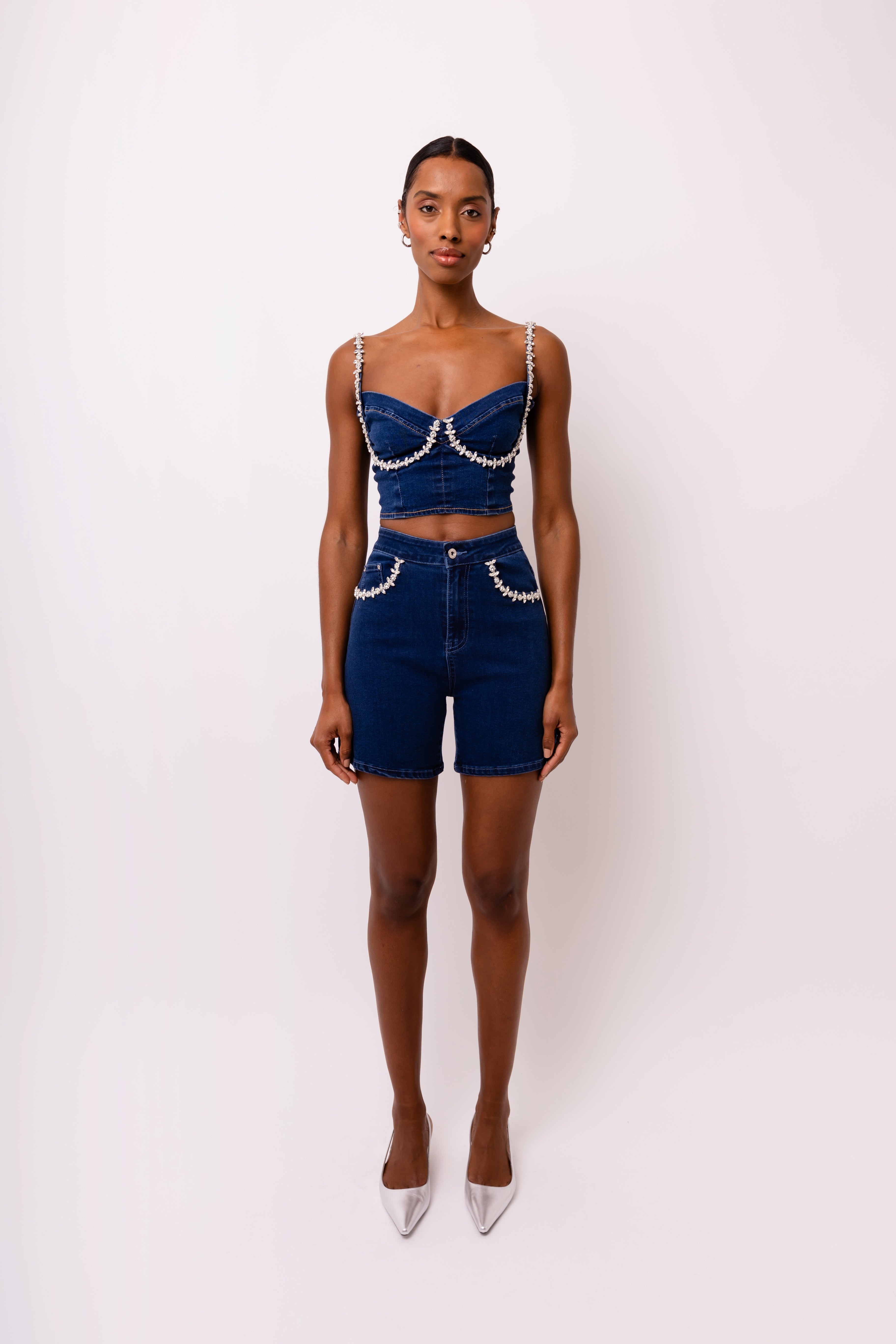 Raye Dark Denim Embellished Fitted Crop Top | AMYLYNN