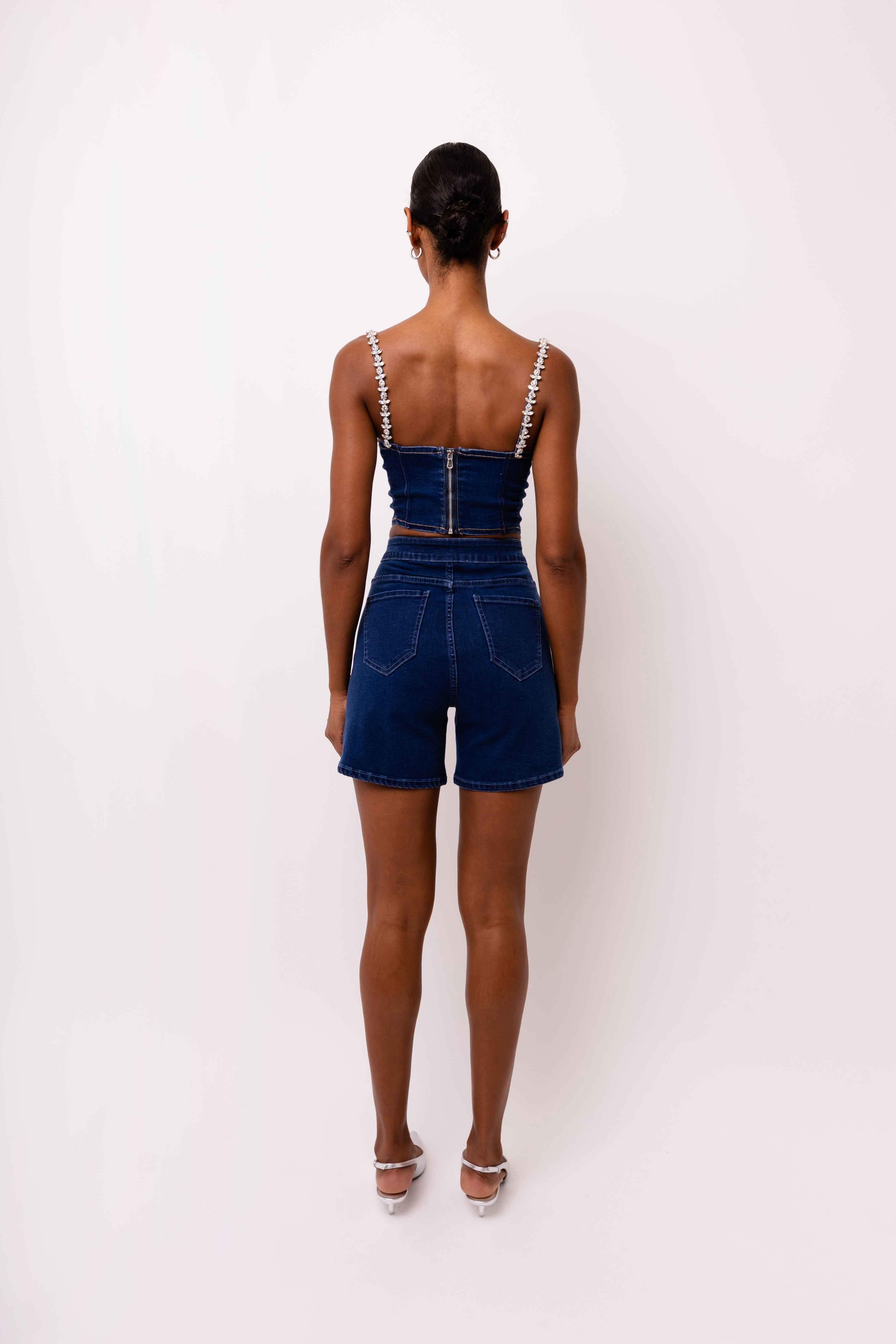 Raye Dark Denim Embellished Fitted Crop Top | AMYLYNN