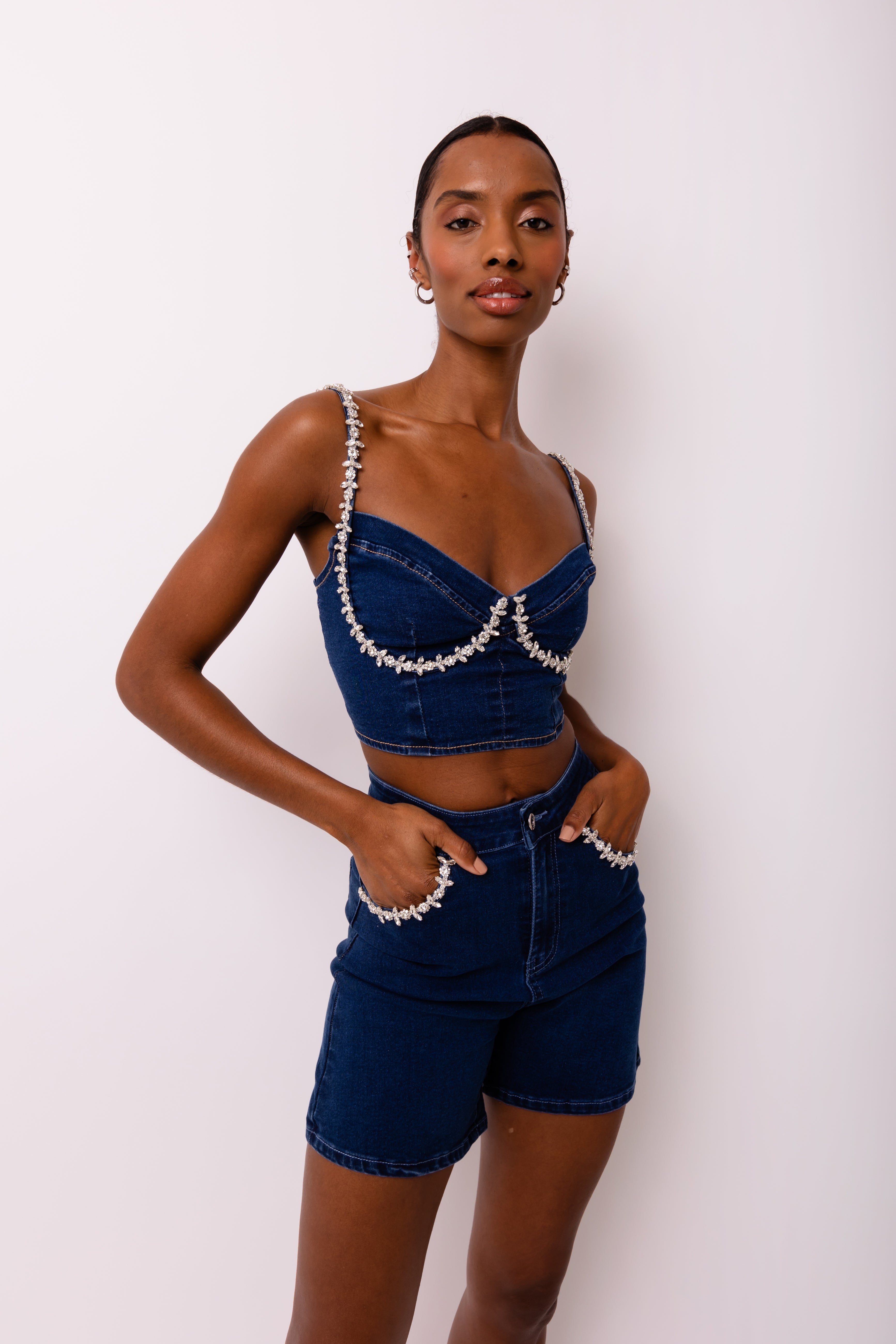 Raye Dark Denim Embellished Fitted Crop Top | AMYLYNN