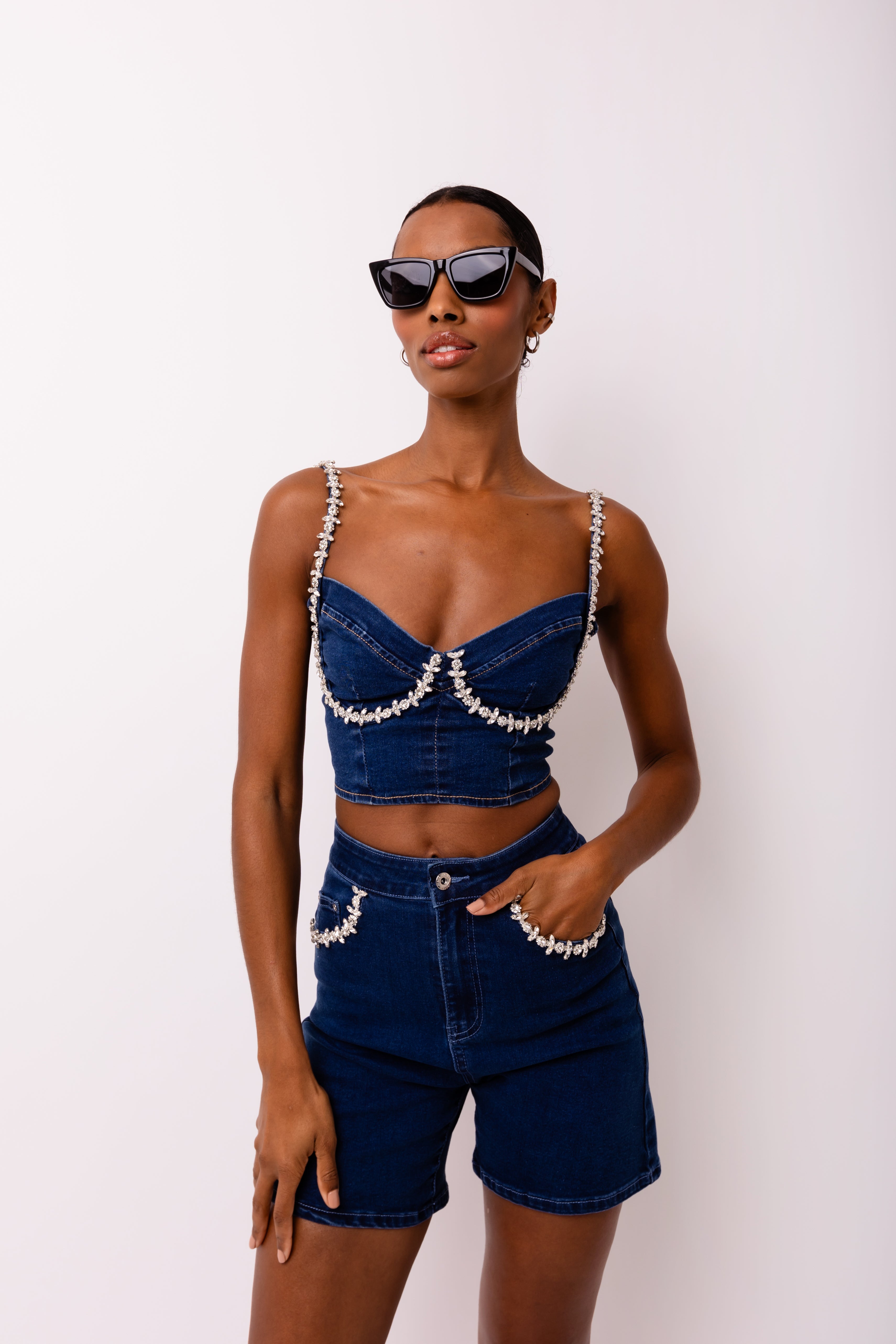 Raye Dark Denim Embellished Fitted Crop Top | AMYLYNN