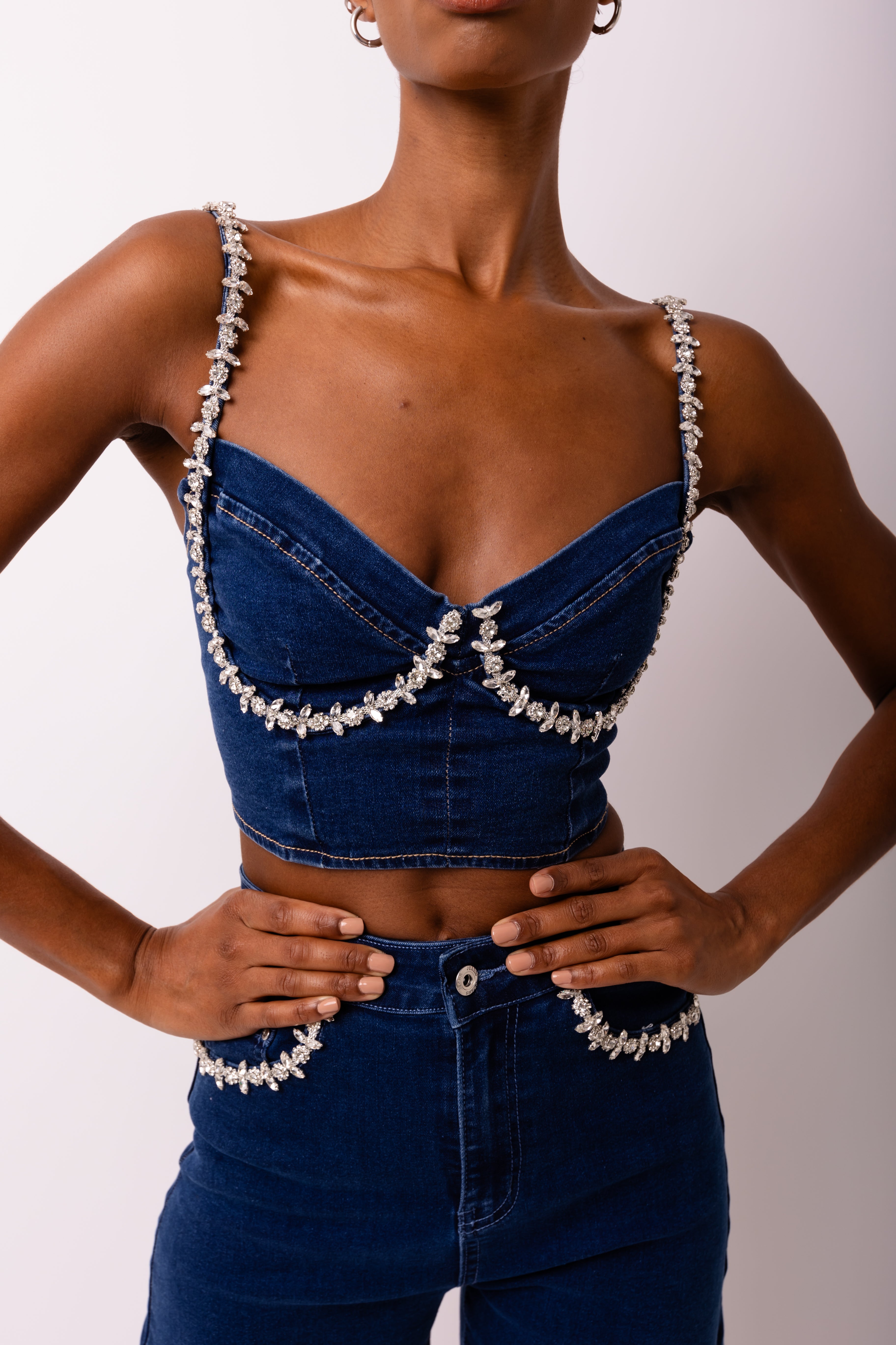 Raye Dark Denim Embellished Fitted Crop Top | AMYLYNN