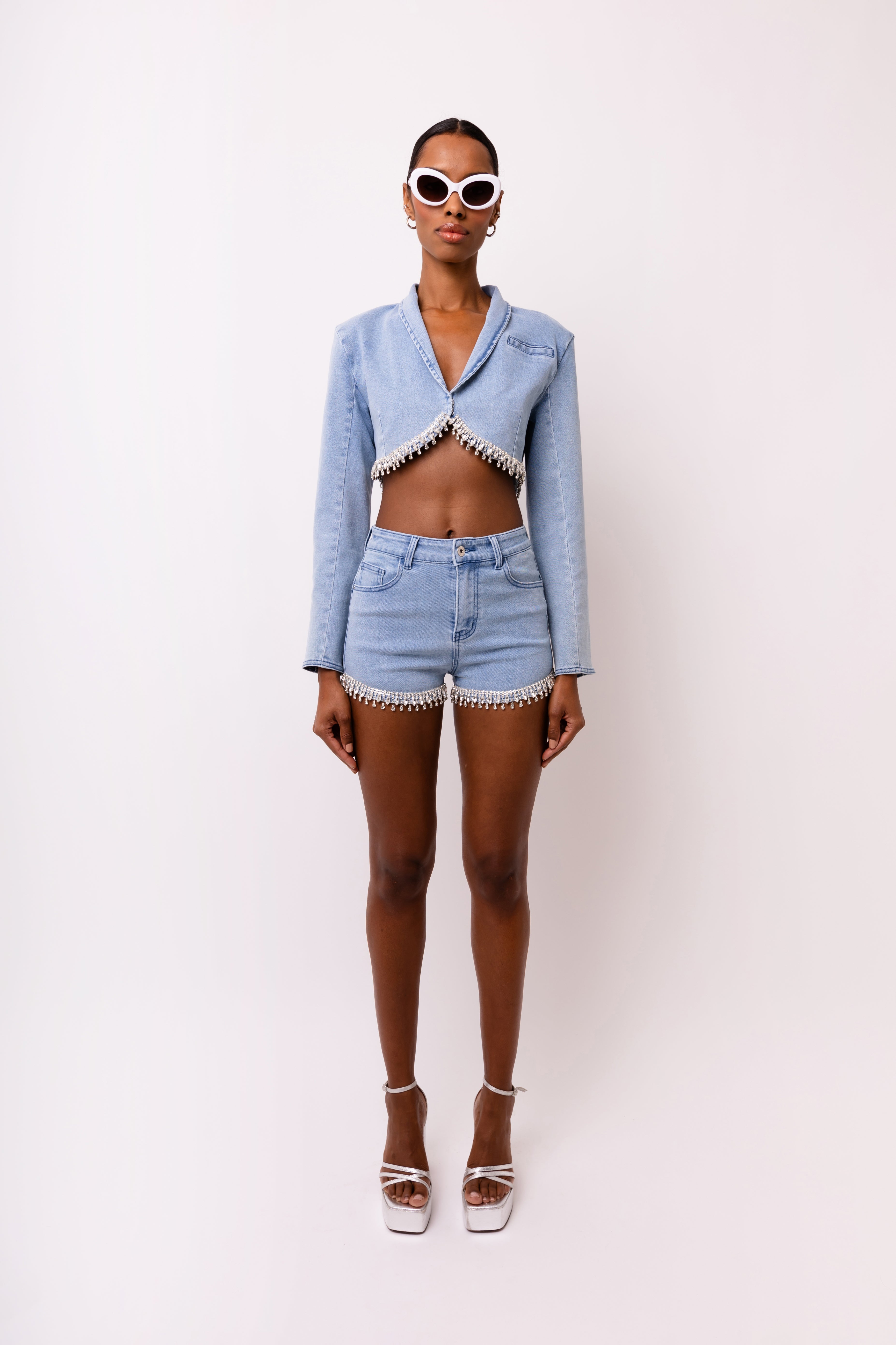 Bae Rhinestone Trim Crop Denim Blazer Jacket | AMYLYNN