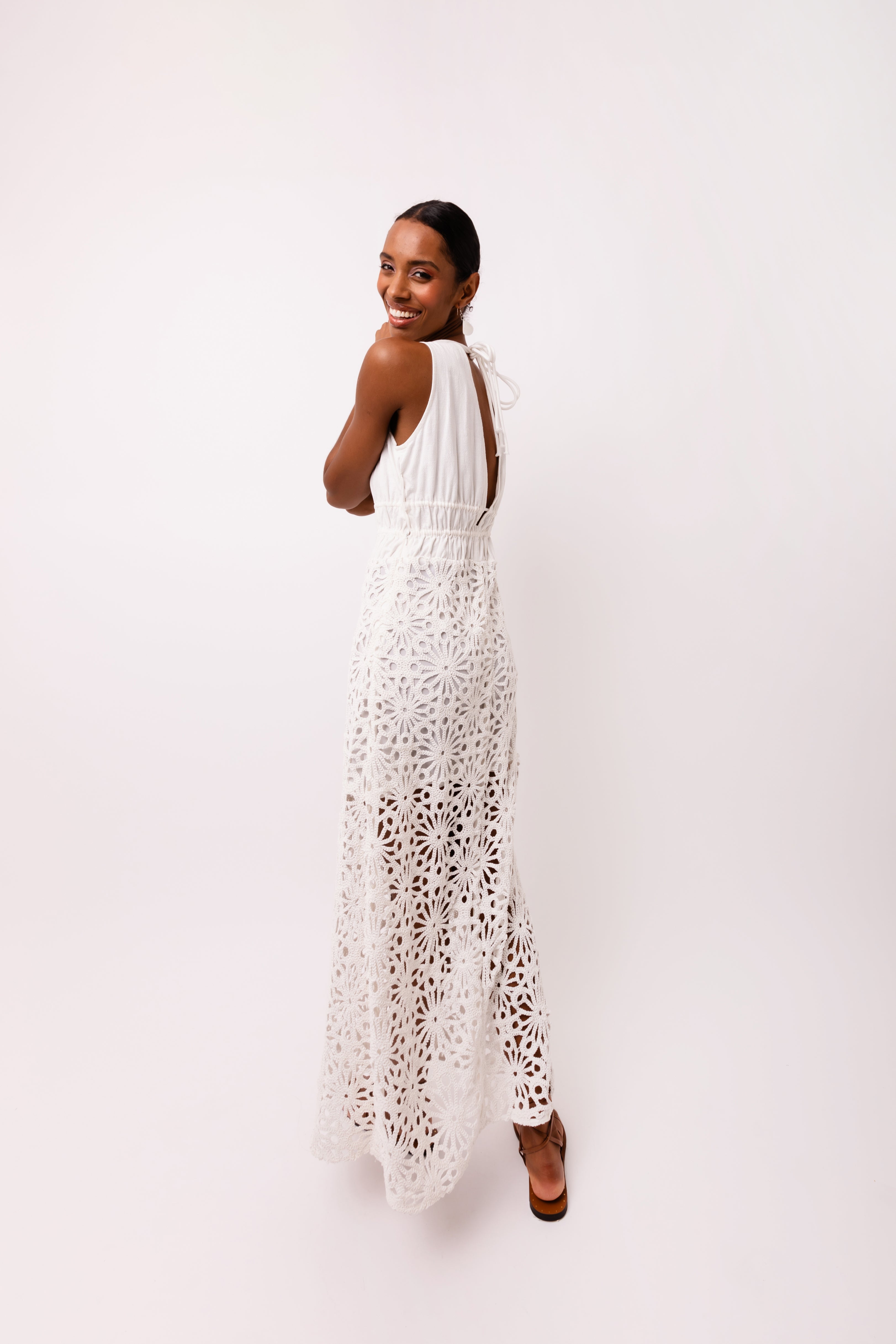 Lin White Crochet Cotton Linen Maxi Dress
