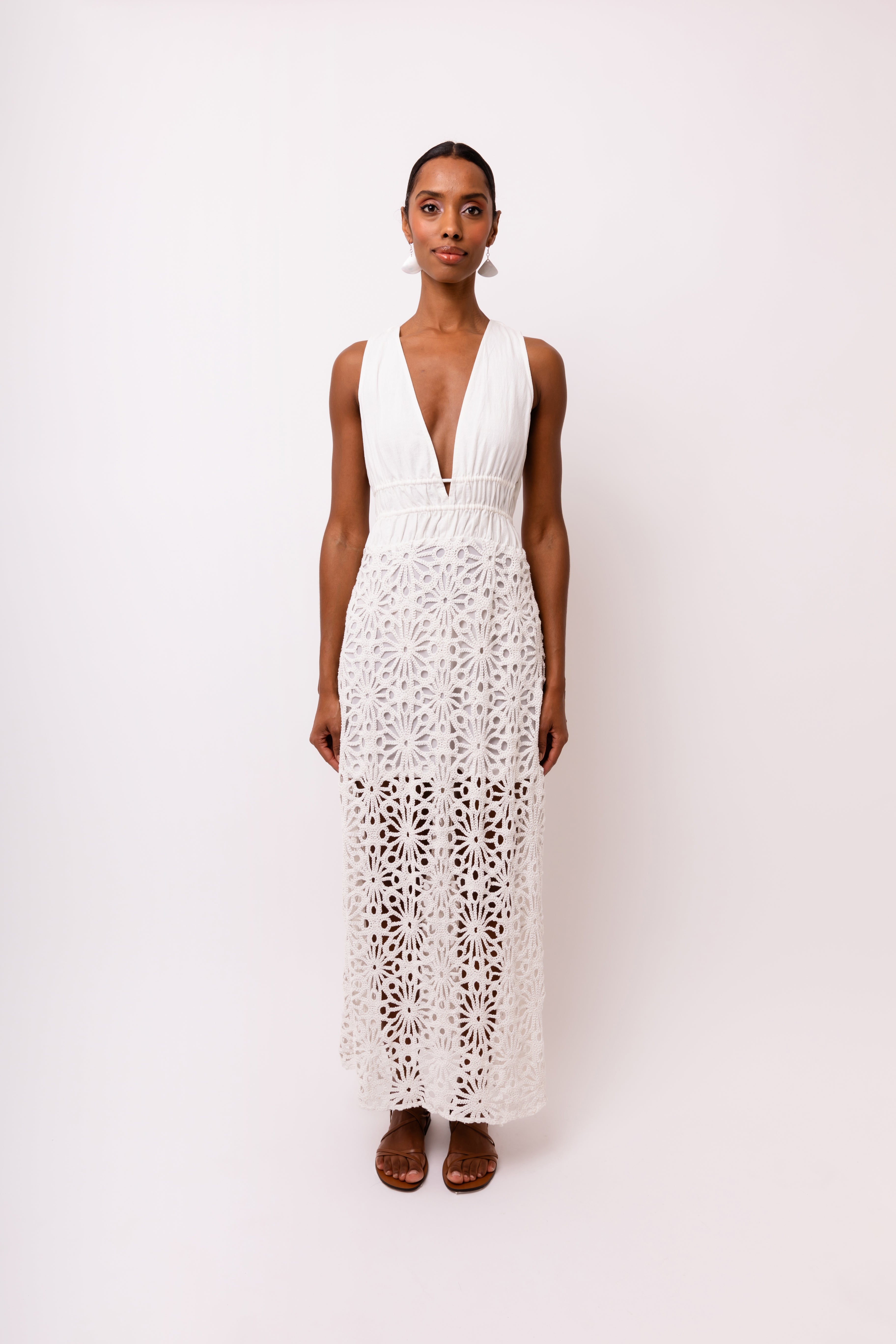 Lin White Crochet Cotton Linen Maxi Dress