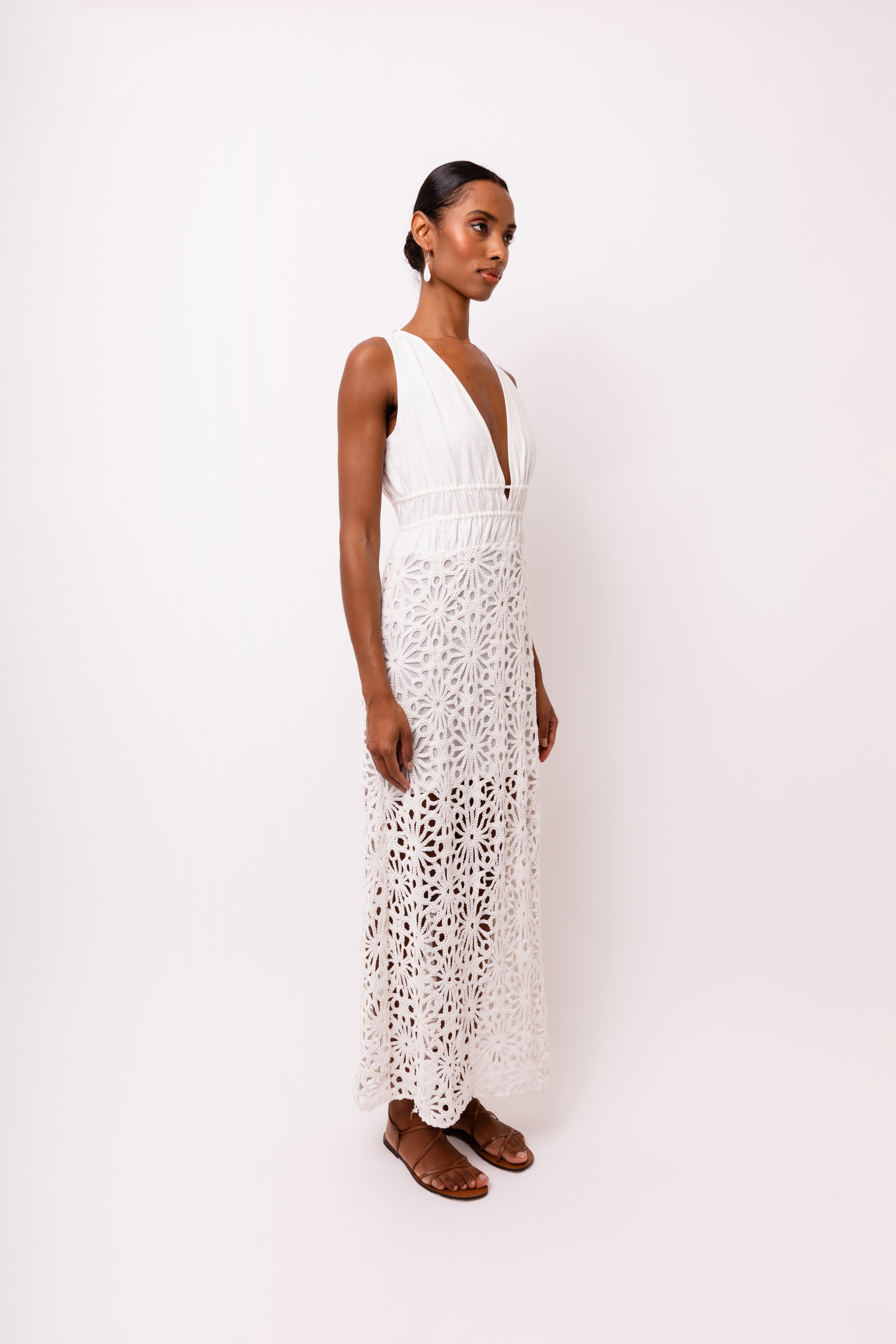 Lin White Crochet Cotton Linen Maxi Dress