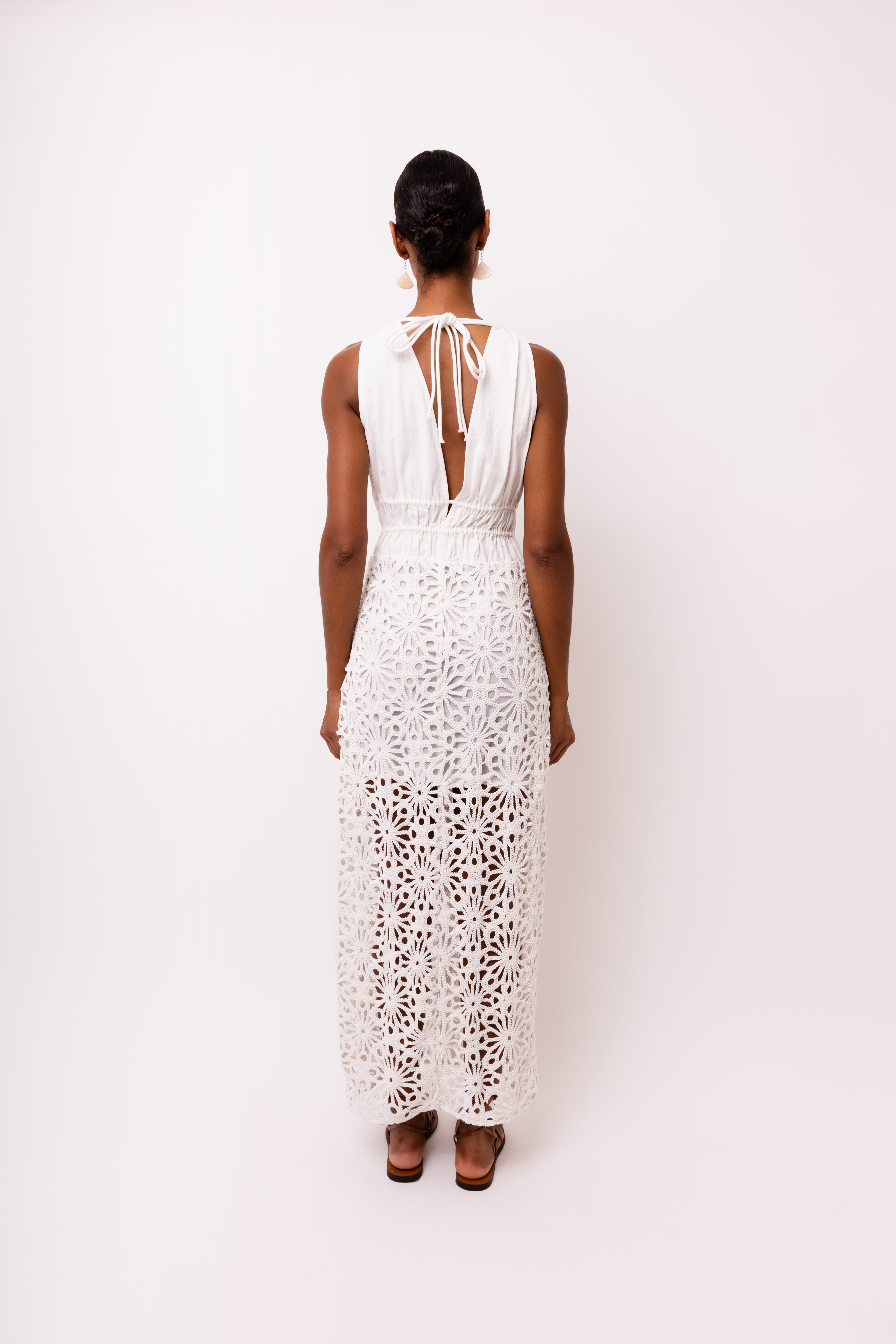 Lin White Crochet Cotton Linen Maxi Dress