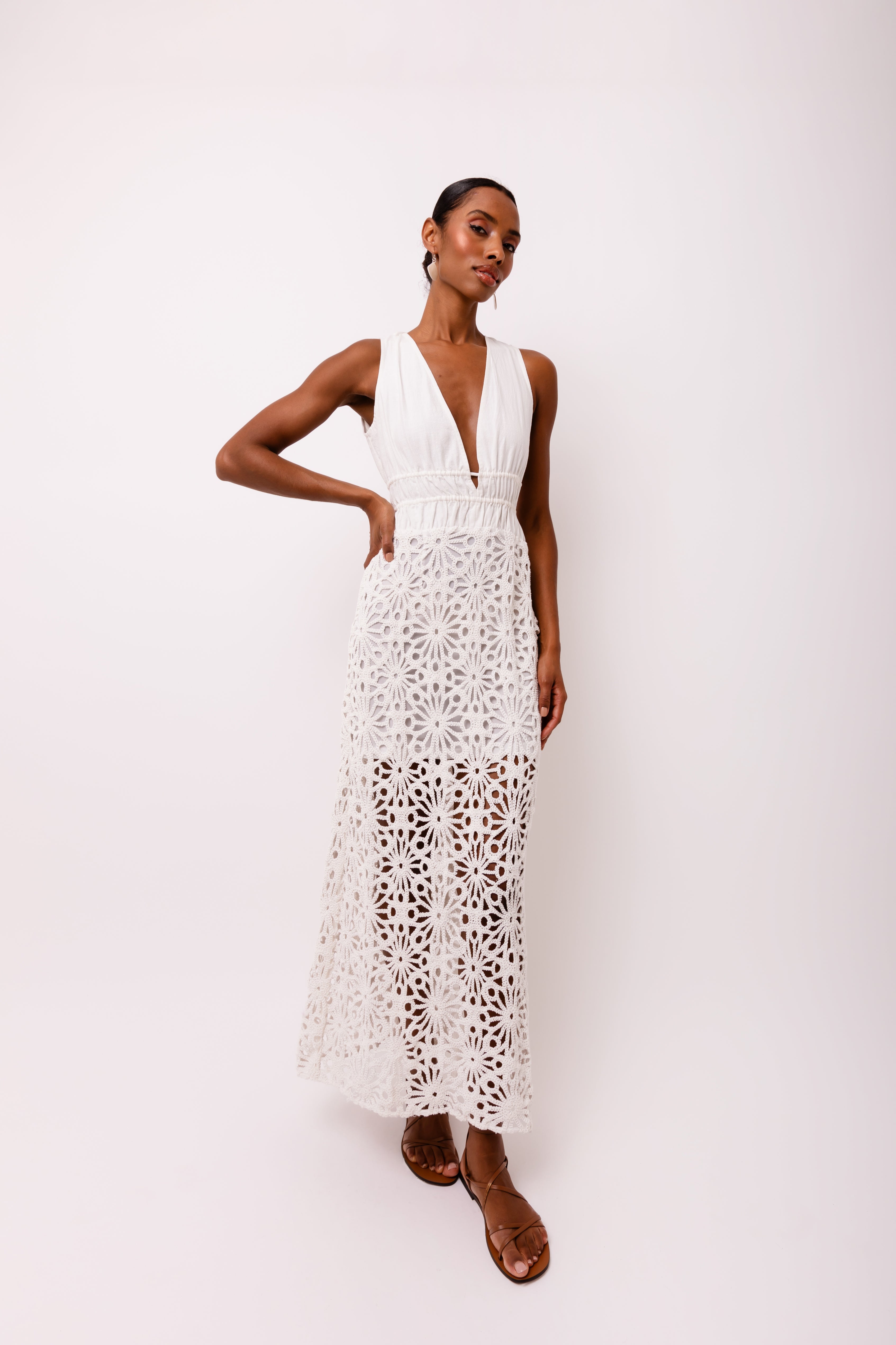 Lin White Crochet Cotton Linen Maxi Dress