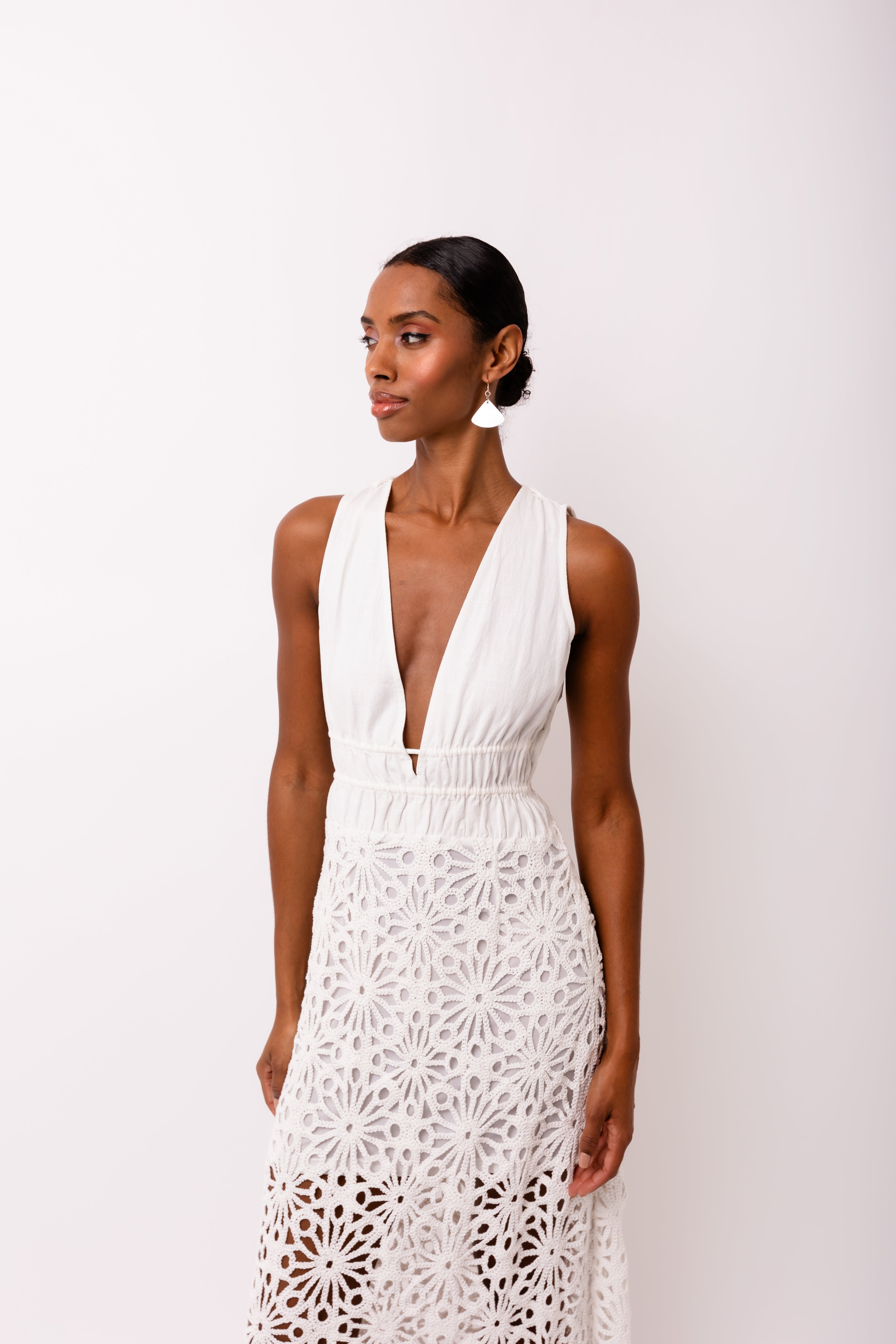 Lin White Crochet Cotton Linen Maxi Dress