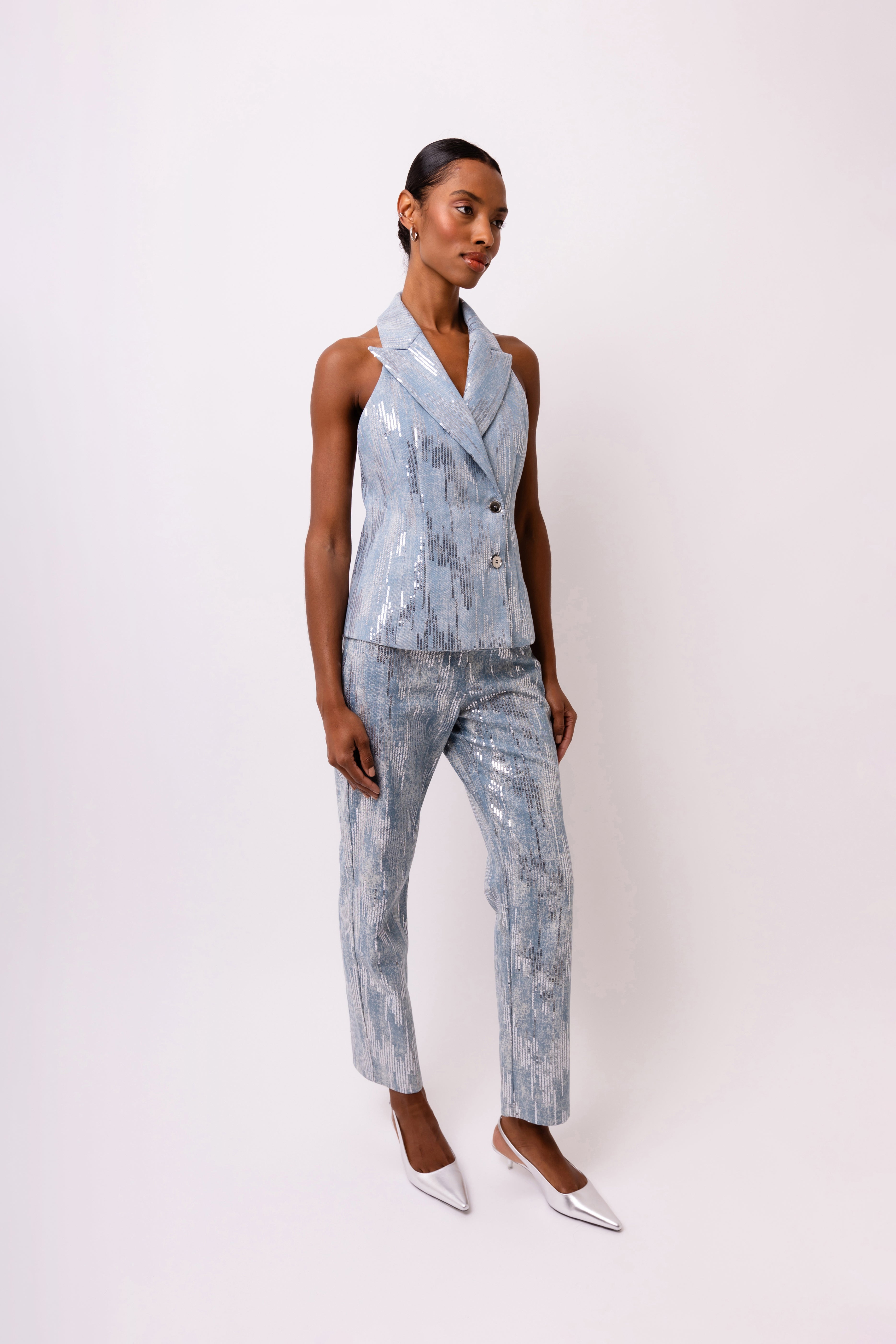 Teddie Blue Denim Embellished Halter-neck Waistcoat | AMYLYNN