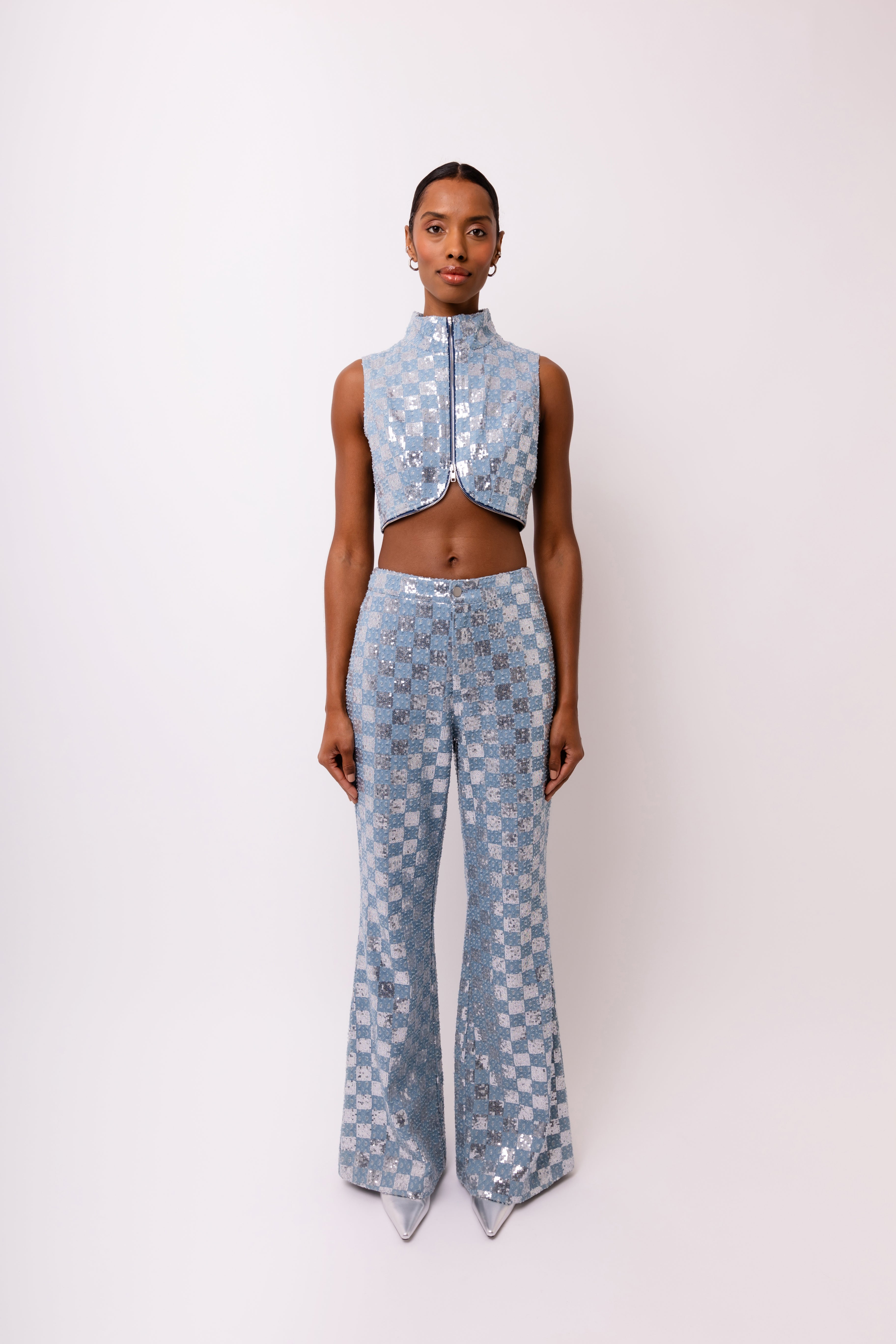 Paloma Sequin-Embellished Denim Cropped Gilet | AMYLYNN