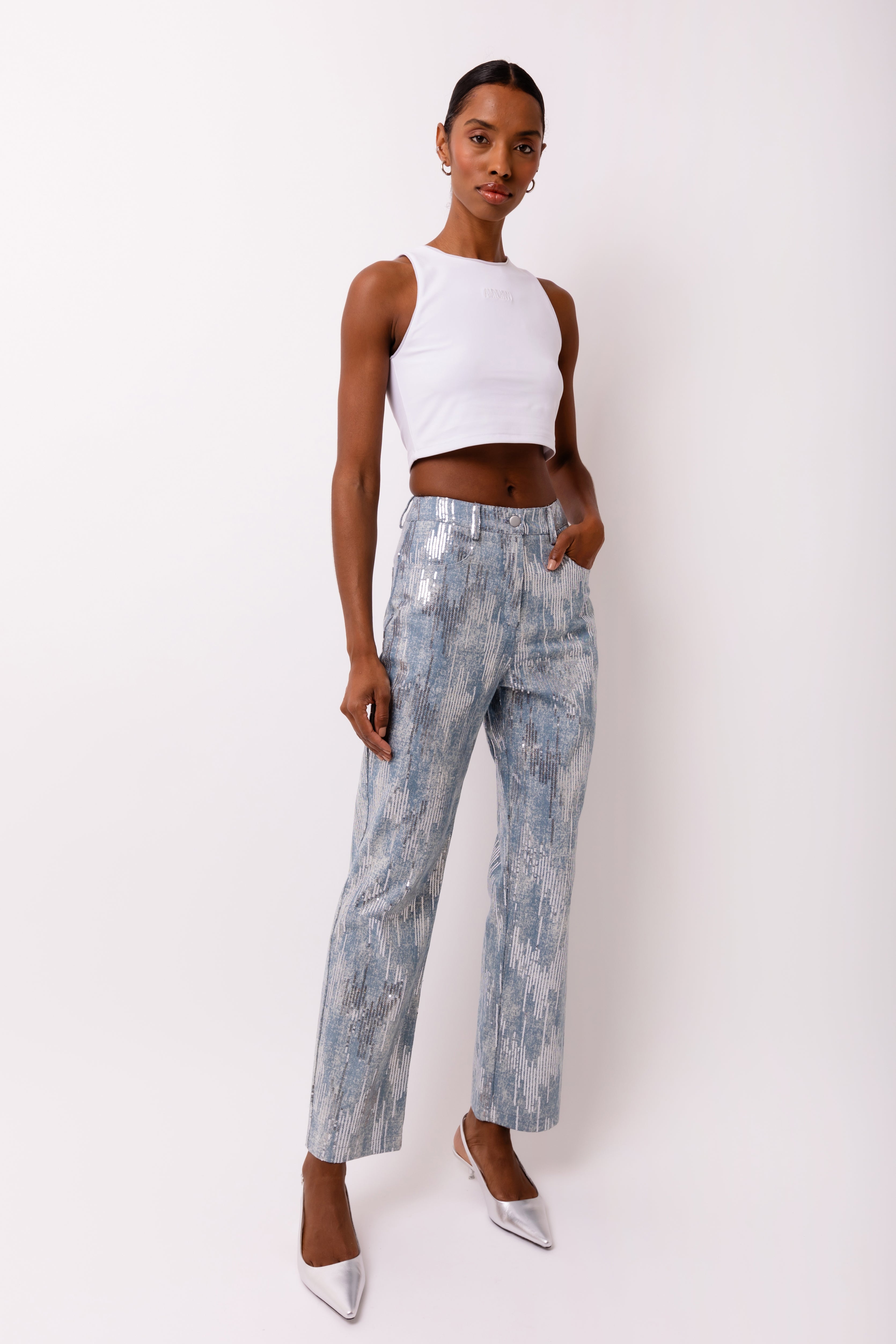 Teddie Embellished Straight Leg Denim Trousers | AMYLYNN