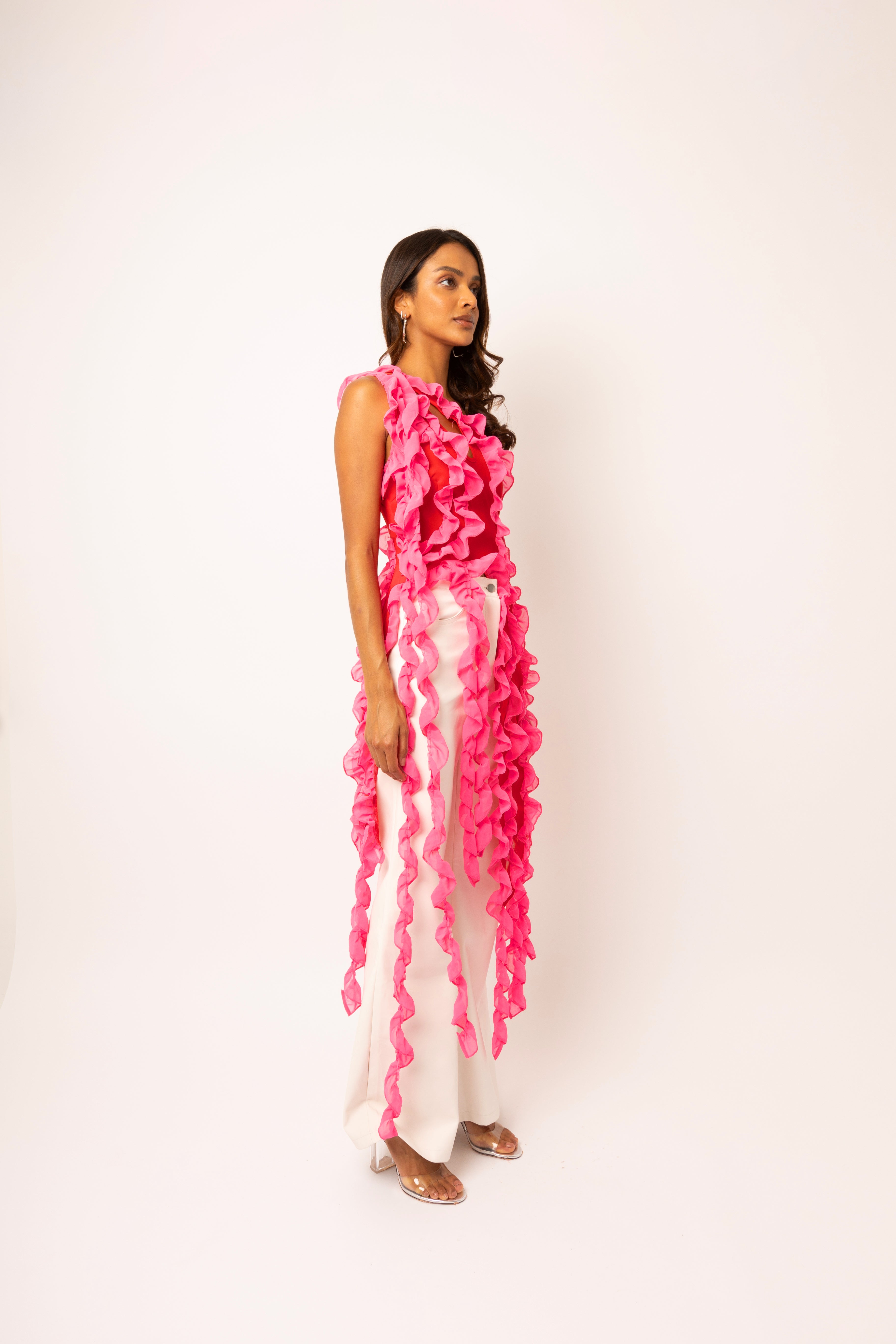 Suki Pink Ruffle Frill Chiffon Top