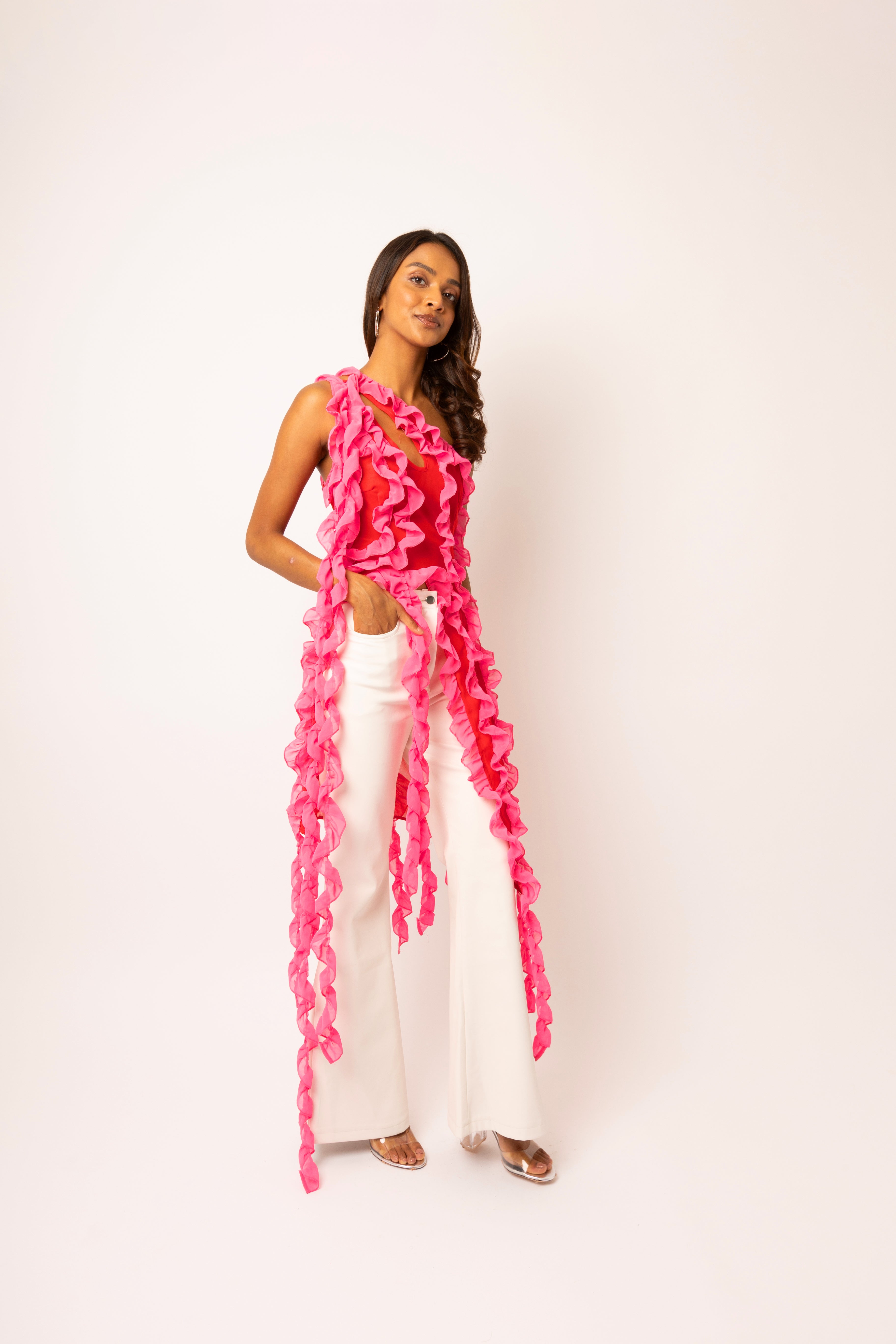 Suki Pink Ruffle Frill Chiffon Top