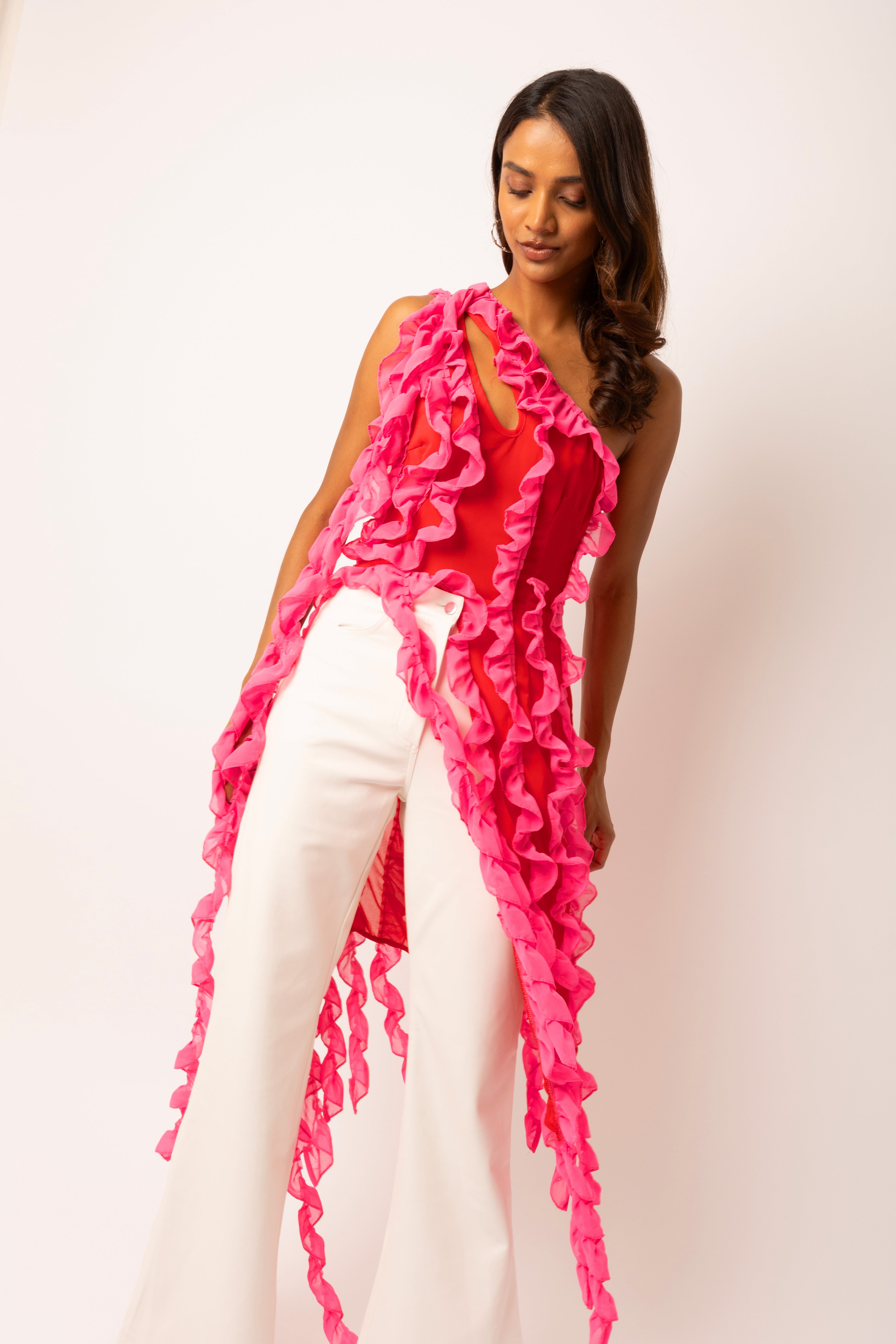 Suki Pink Ruffle Frill Chiffon Top