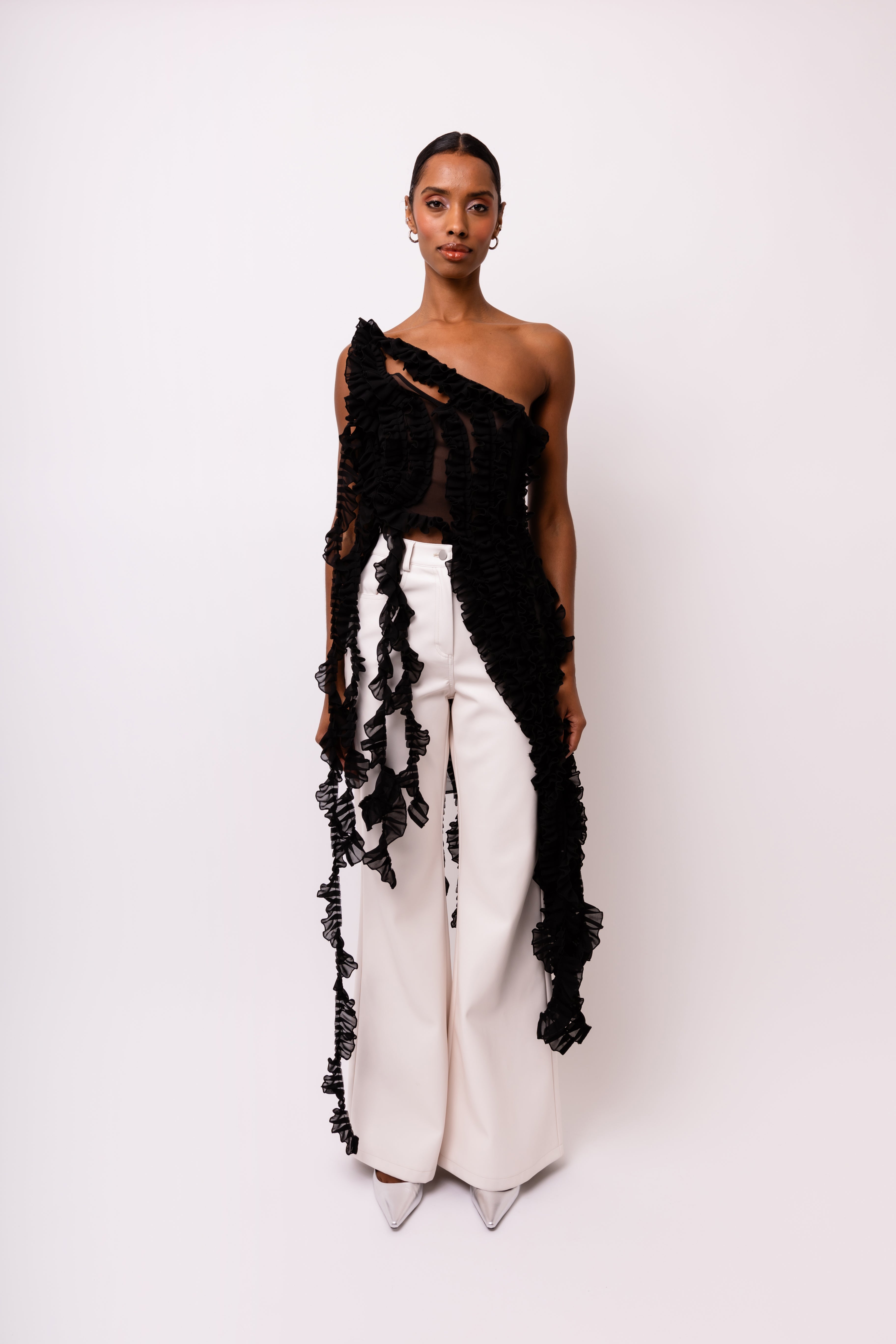 Suki Black Ruffle Frill Chiffon Top