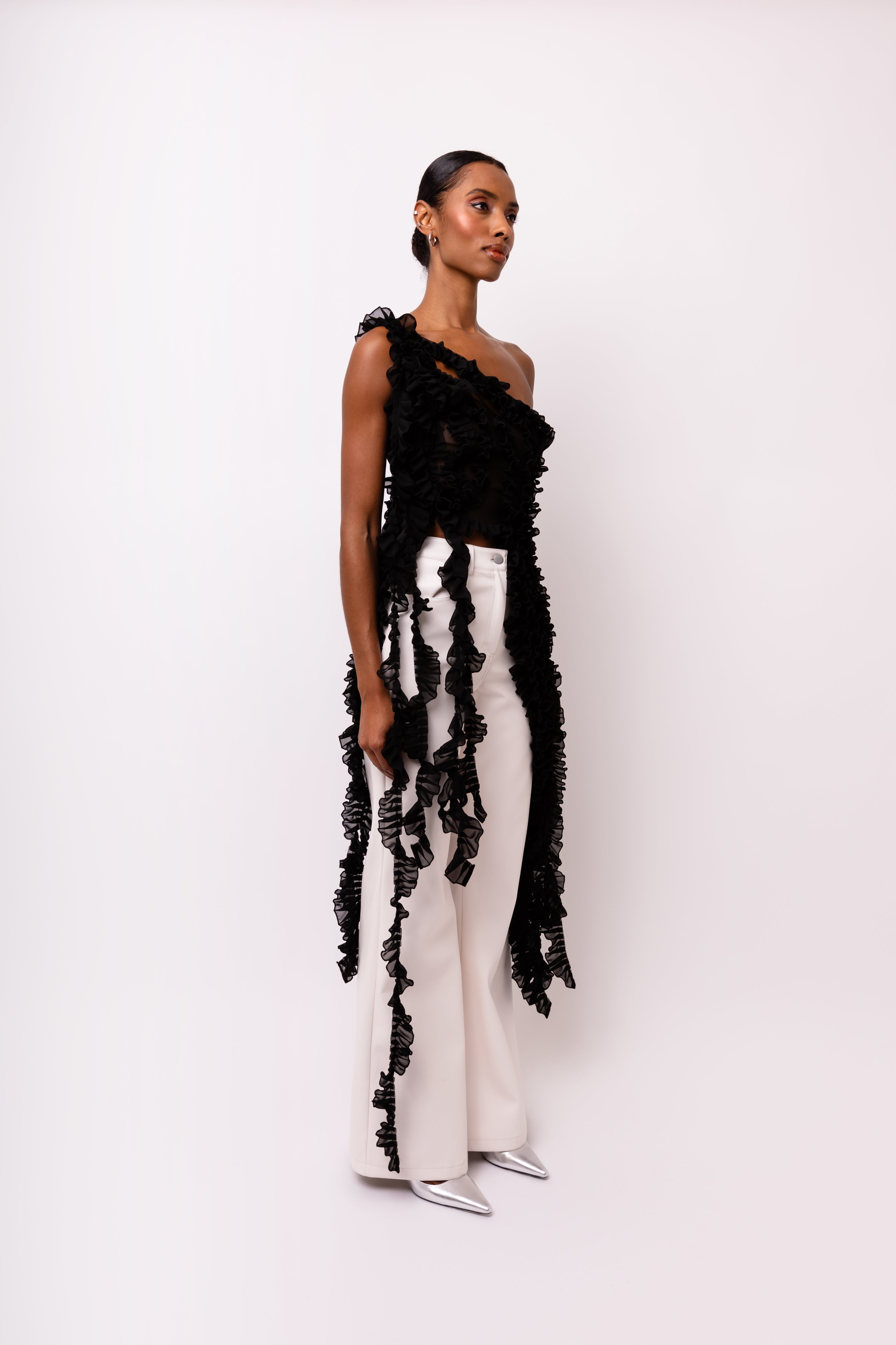 Suki Black Ruffle Frill Chiffon Top