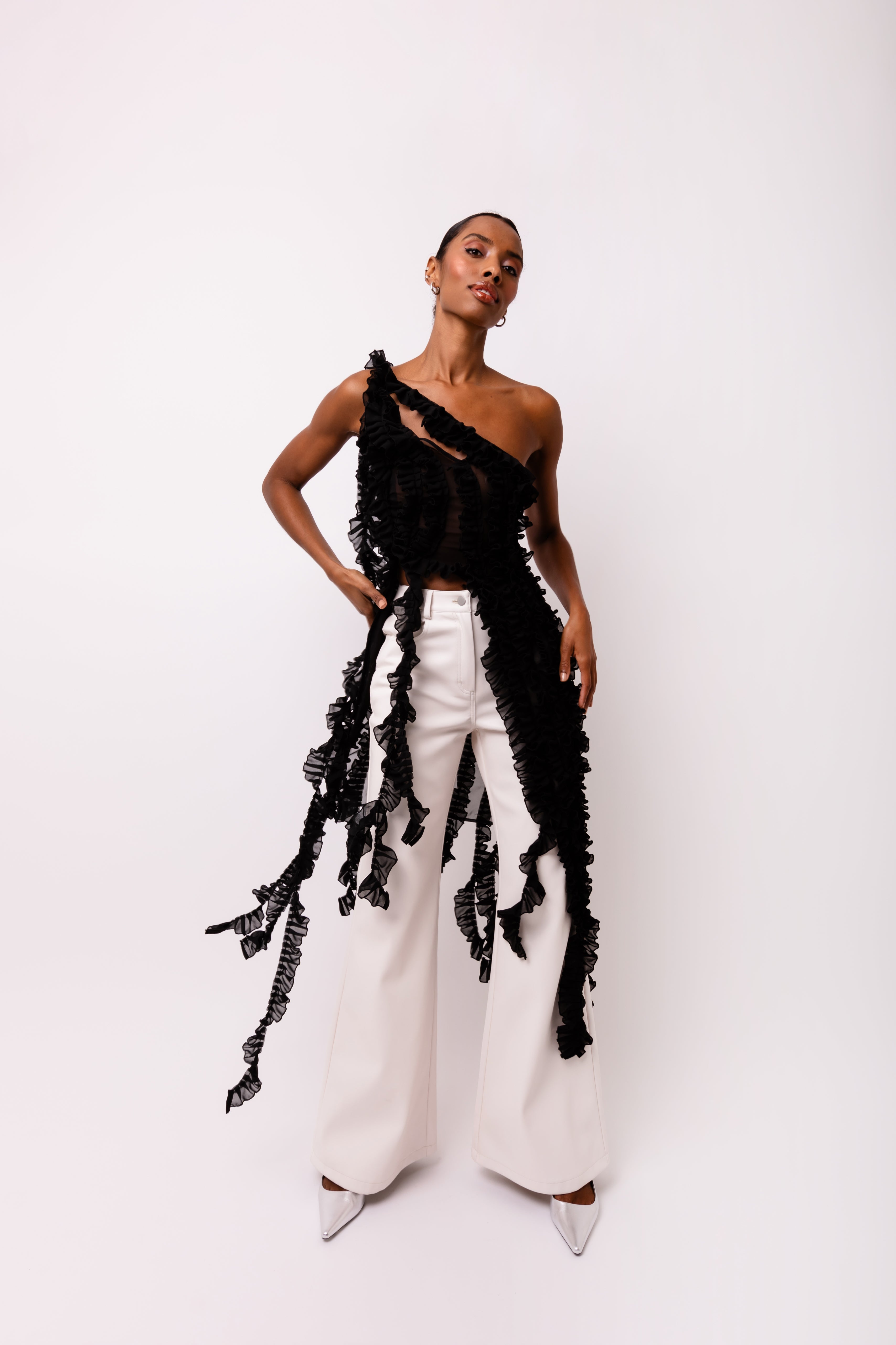 Suki Black Ruffle Frill Chiffon Top
