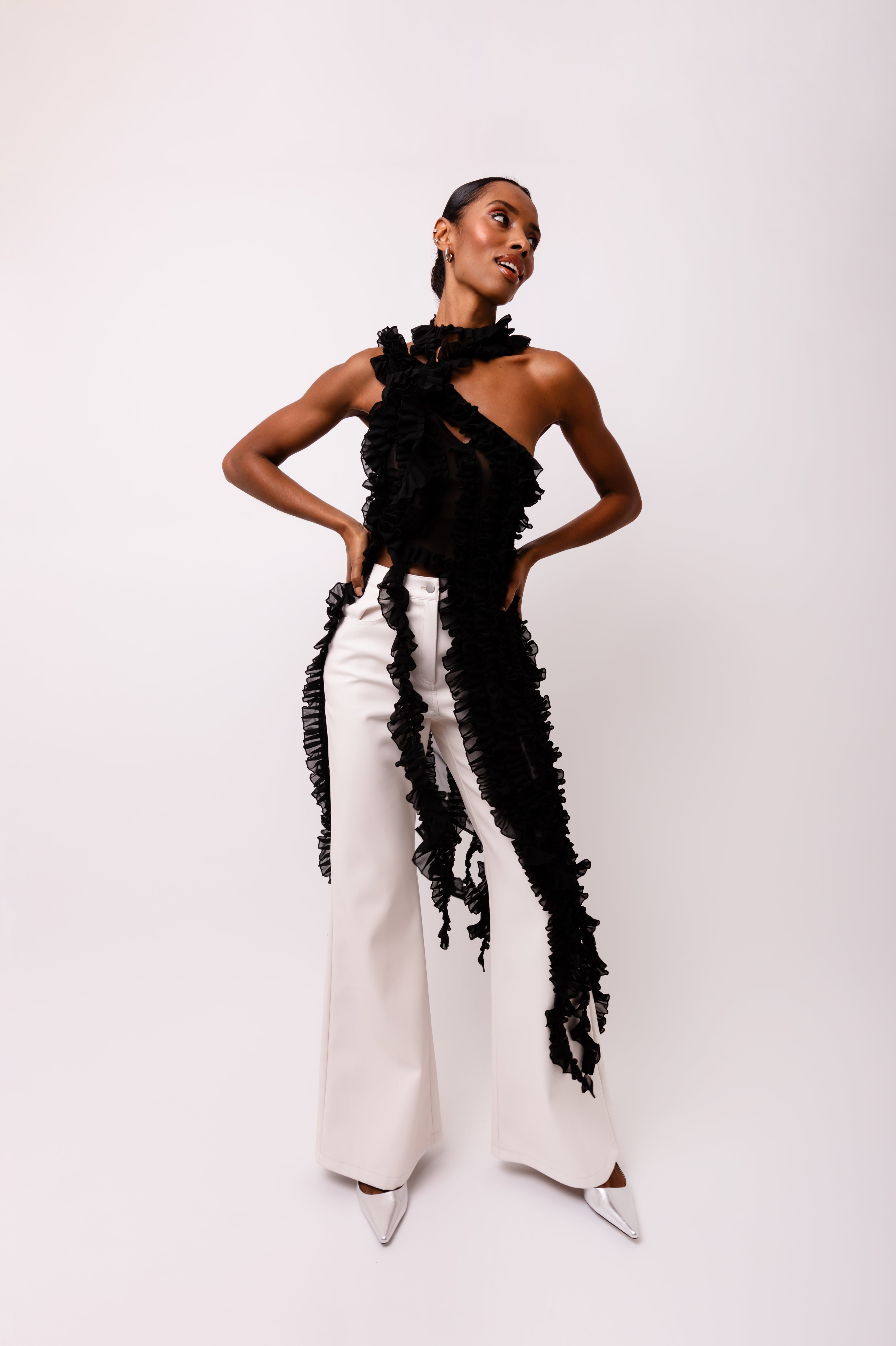 Suki Black Ruffle Frill Chiffon Top