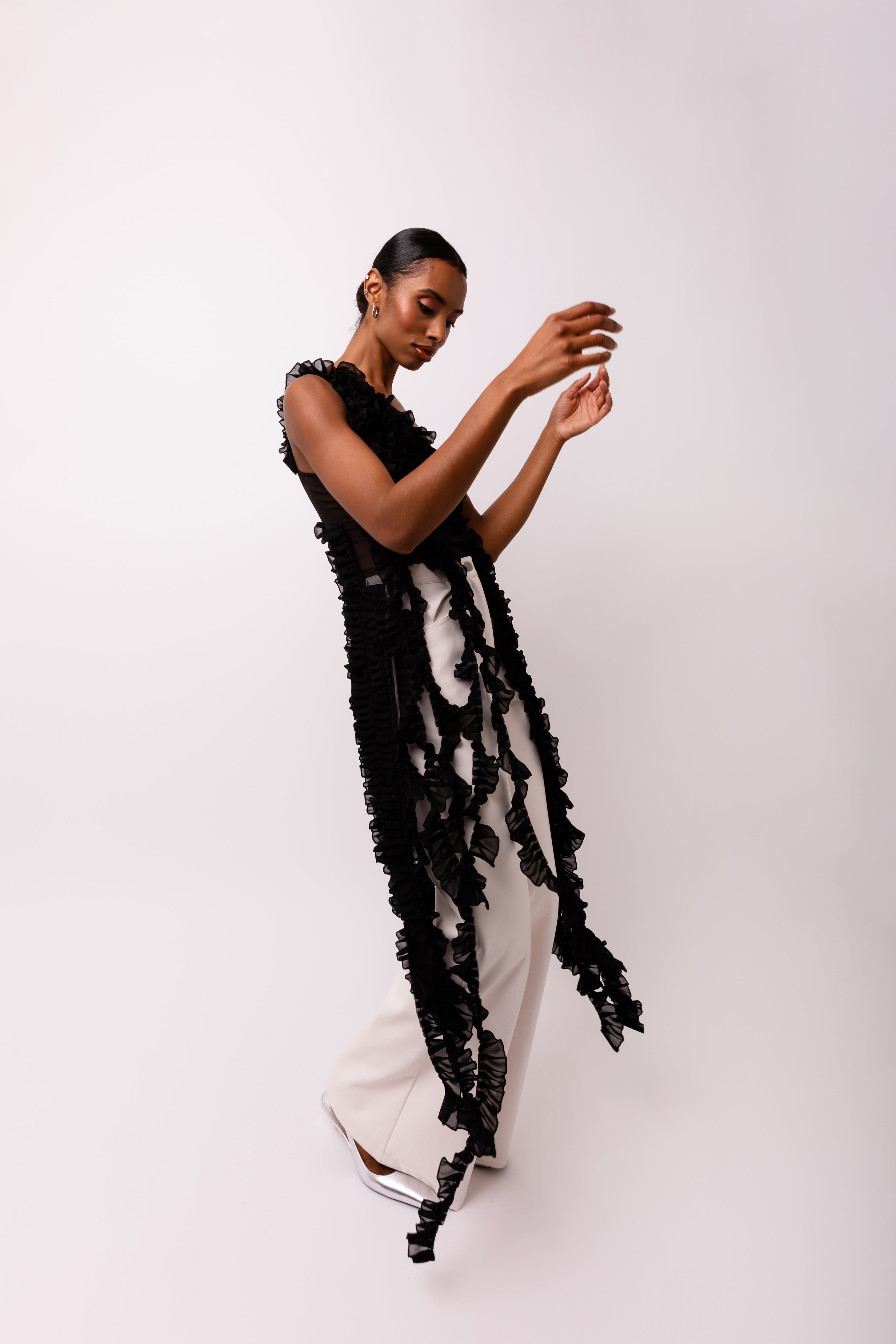 Suki Black Ruffle Frill Chiffon Top