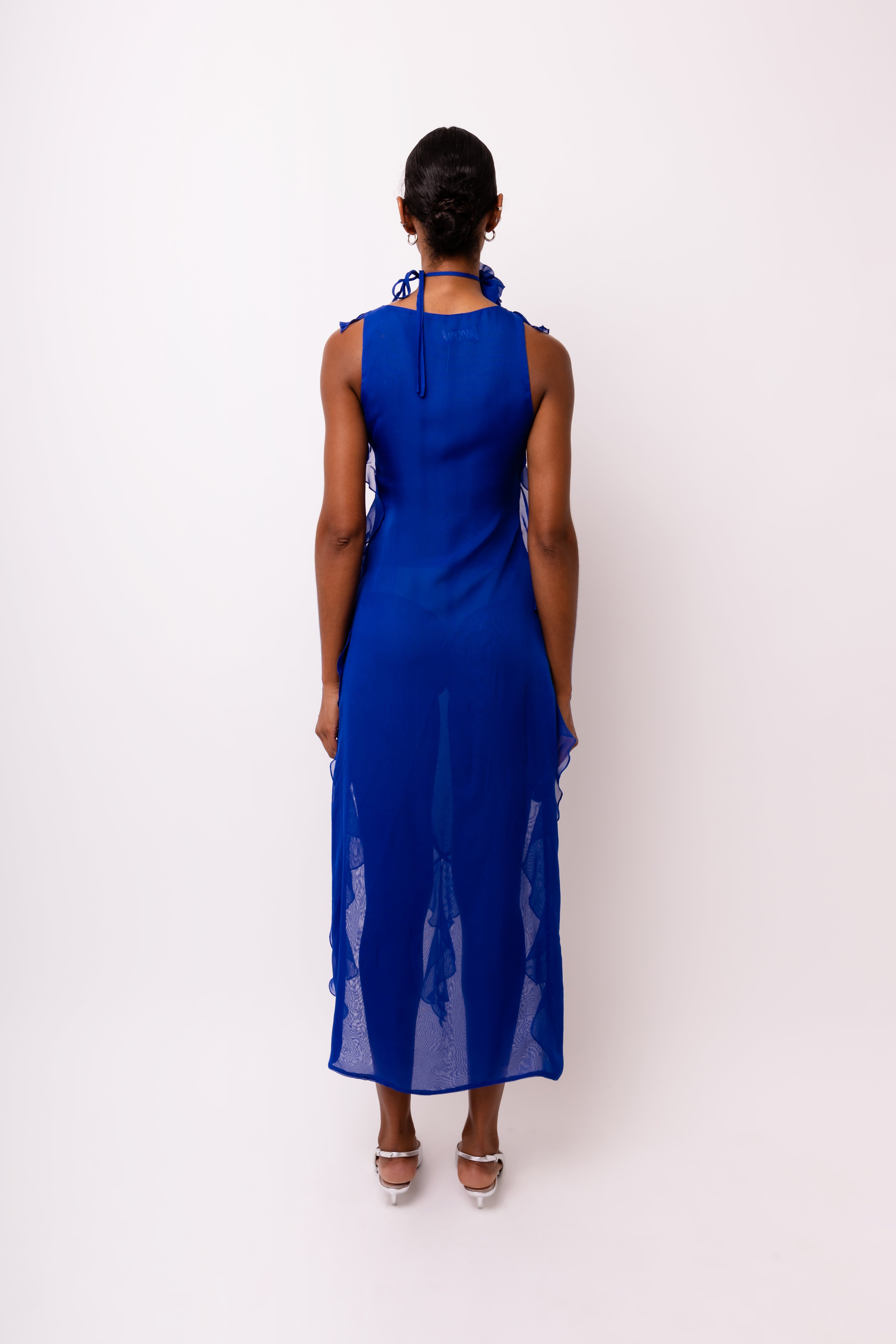 Roma Blue Ruffle Chiffon Midi Dress