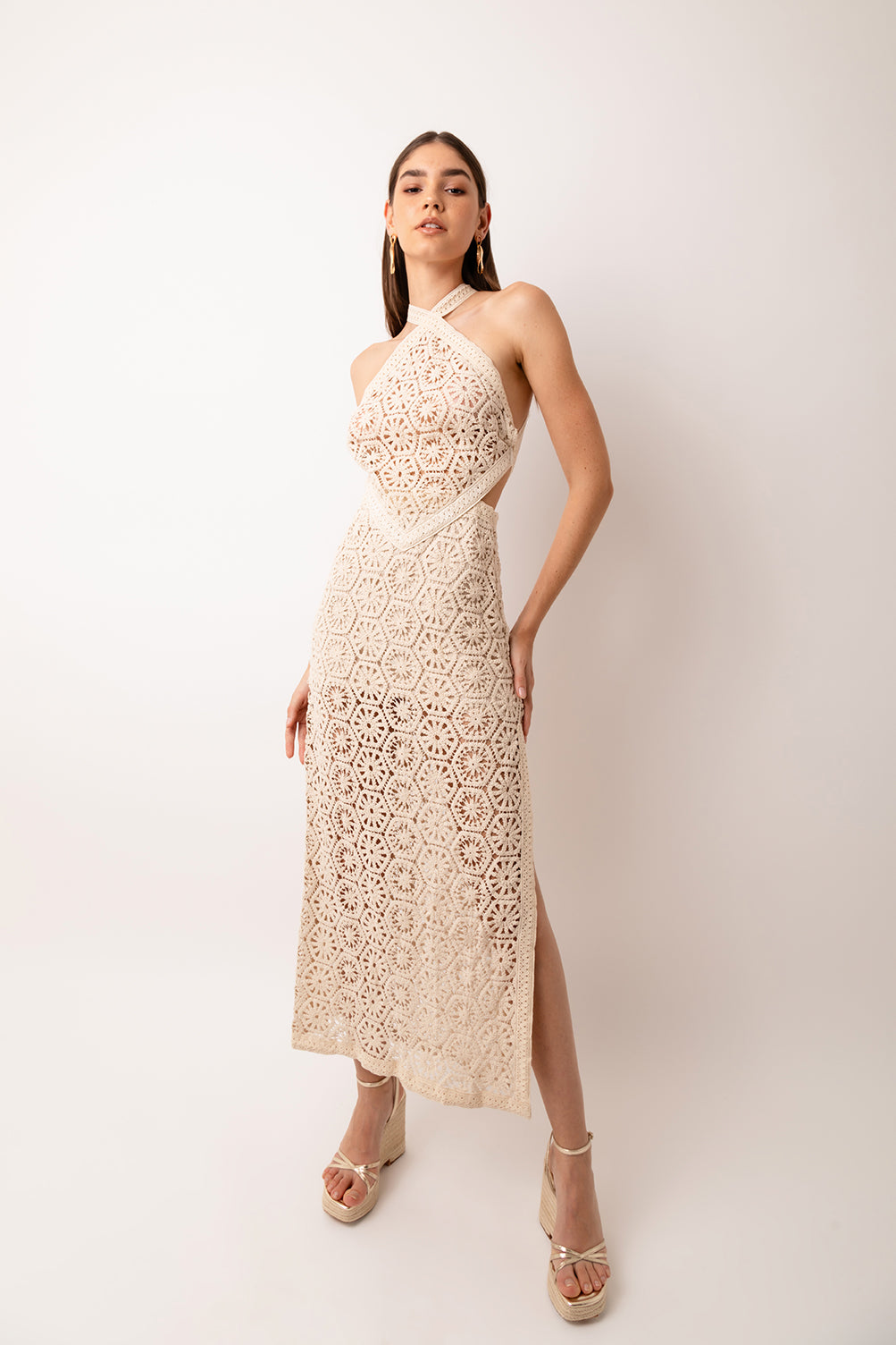 Tuscany Beige Crochet Halter Maxi Dress