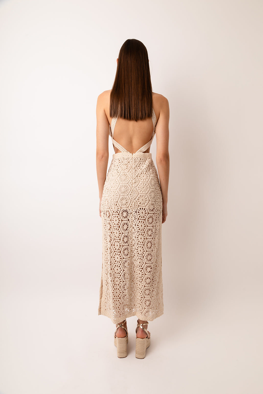 Tuscany Beige Crochet Lace Maxi Dress
