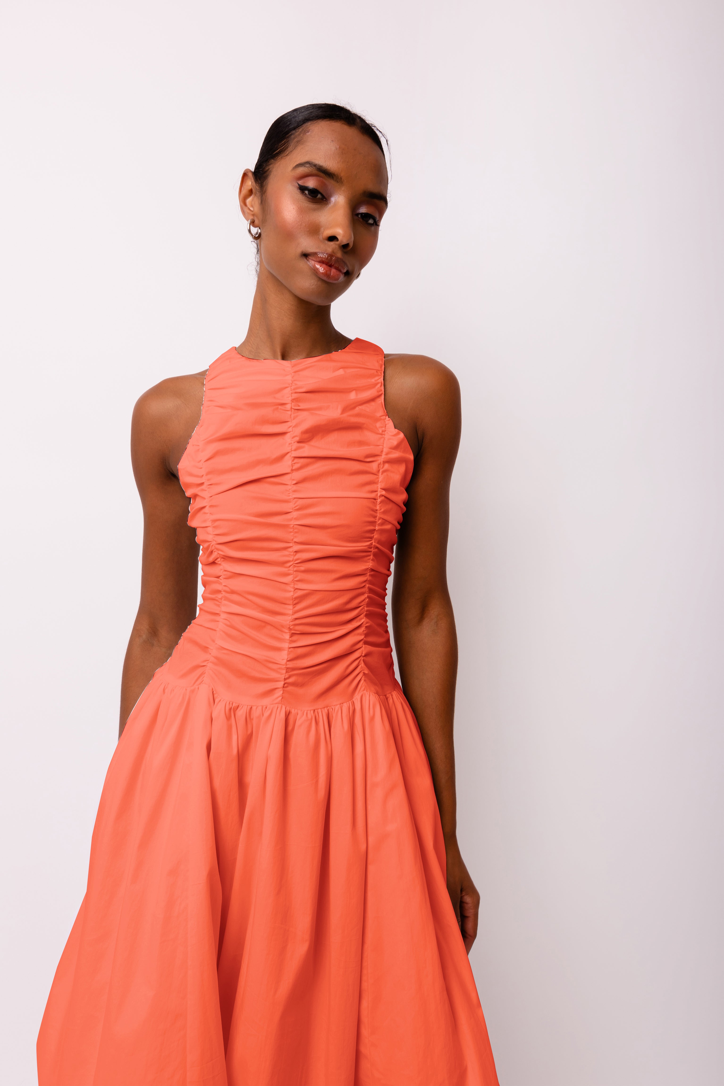 Elodie Blood Orange Ruched Midi Dress