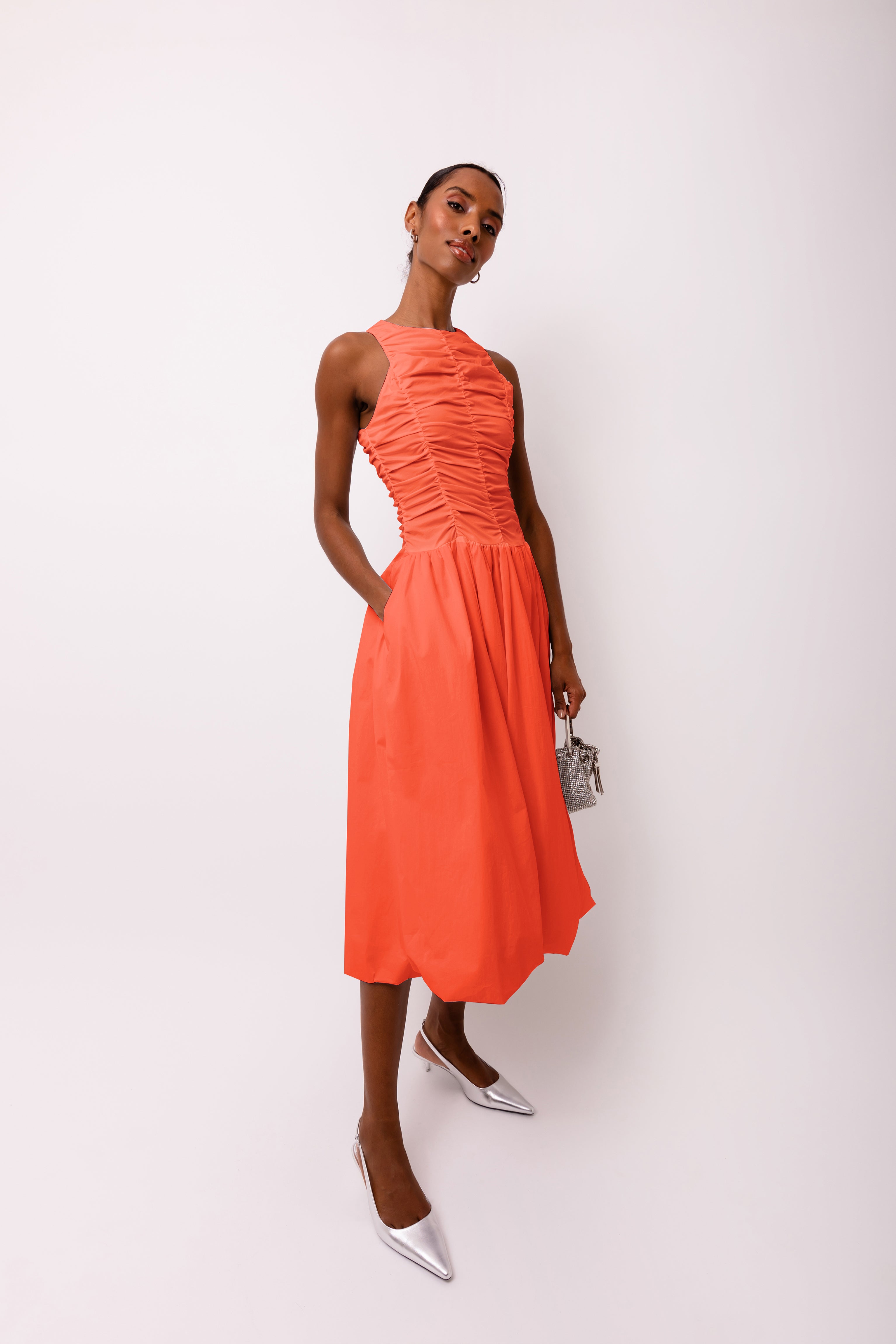 Elodie Blood Orange Ruched Midi Dress