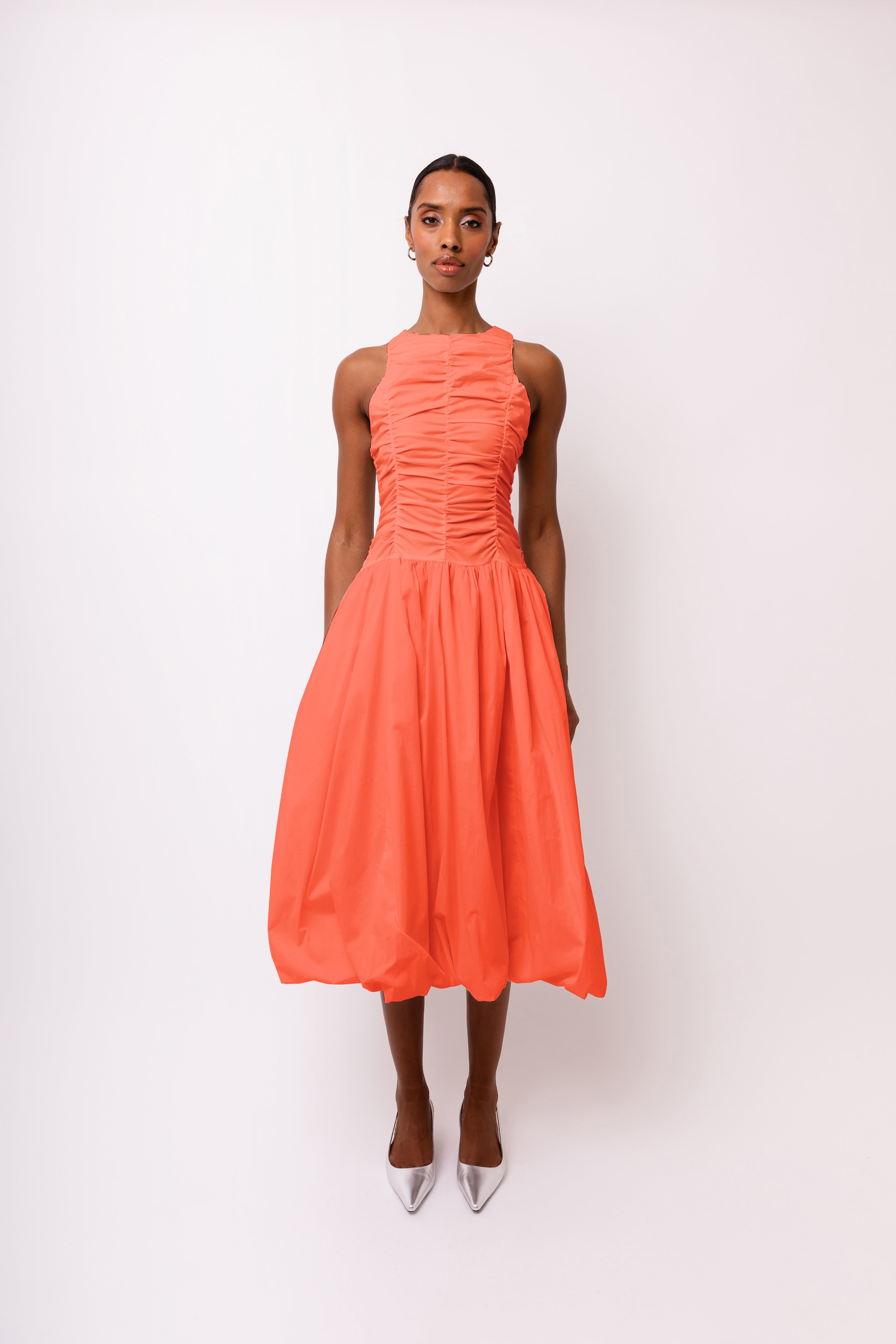 Elodie Blood Orange Ruched Midi Dress