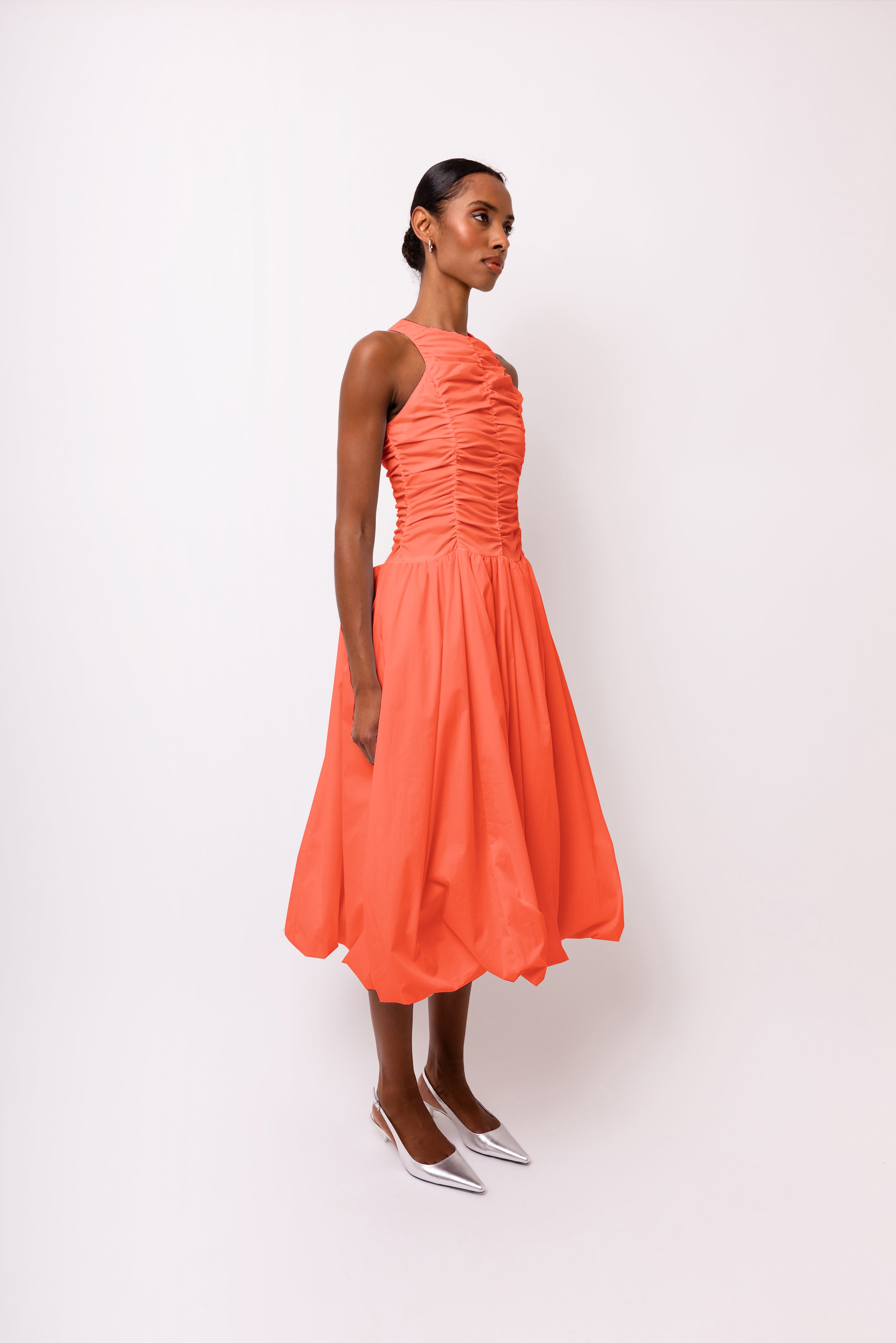 Elodie Blood Orange Ruched Midi Dress