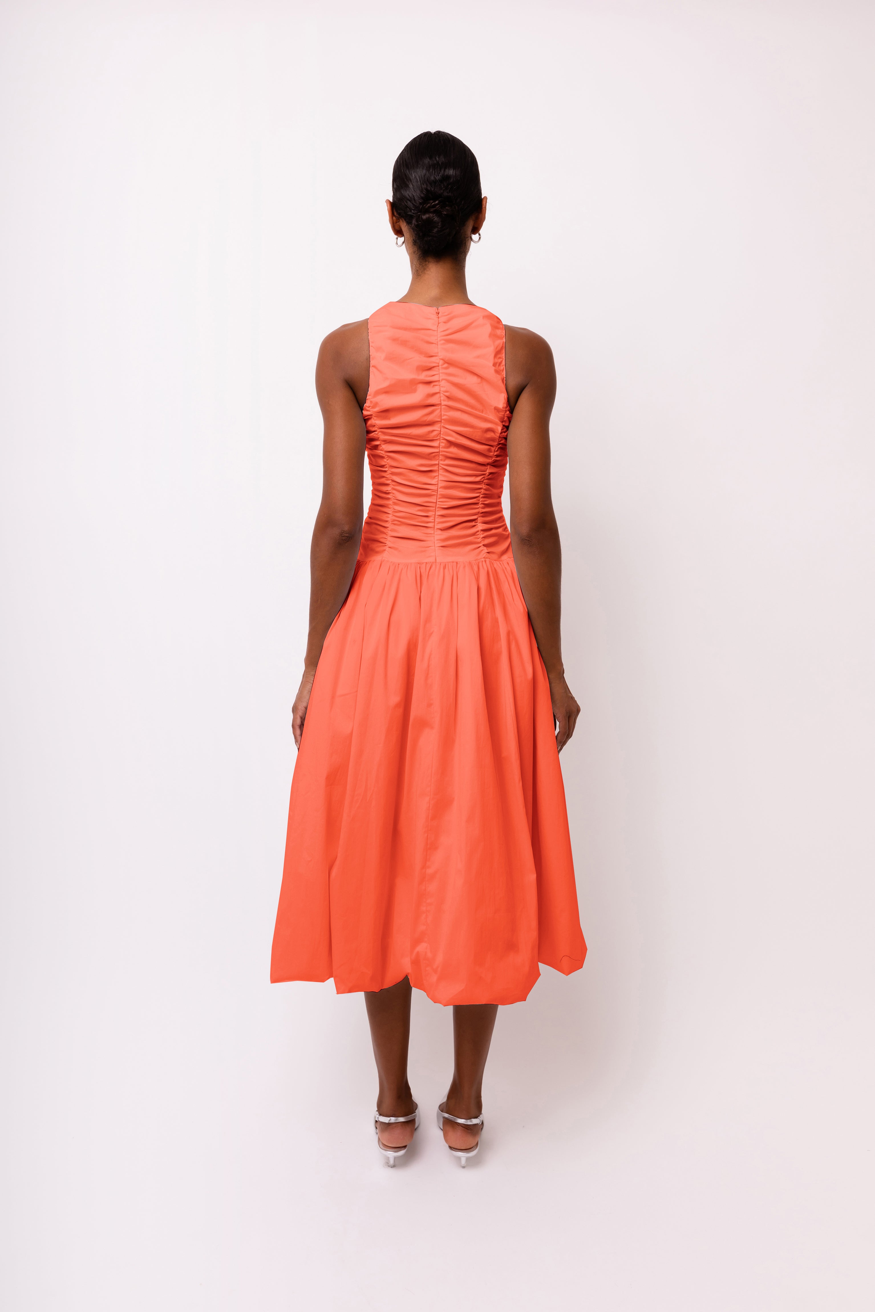 Elodie Blood Orange Ruched Midi Dress