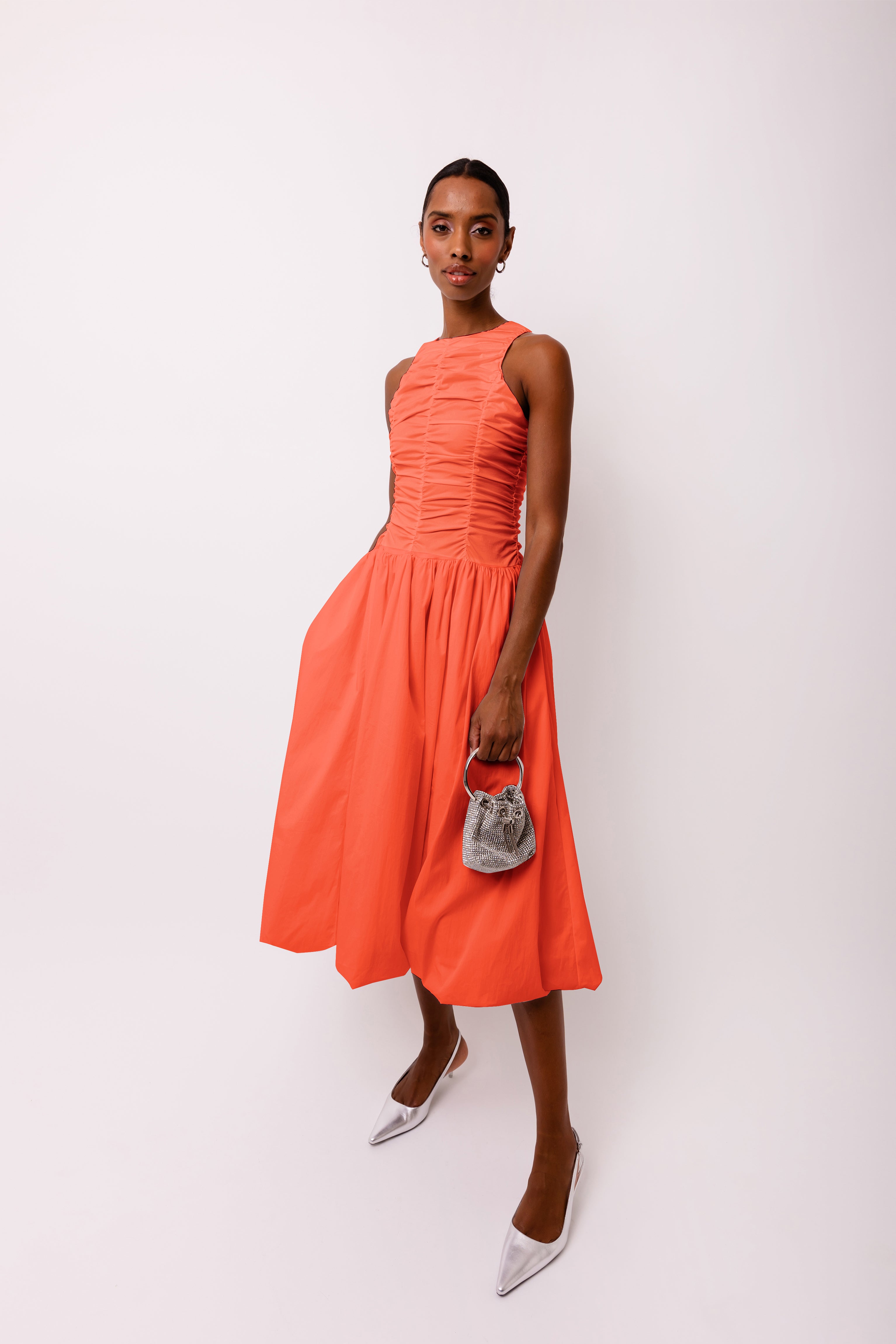 Elodie Blood Orange Ruched Midi Dress